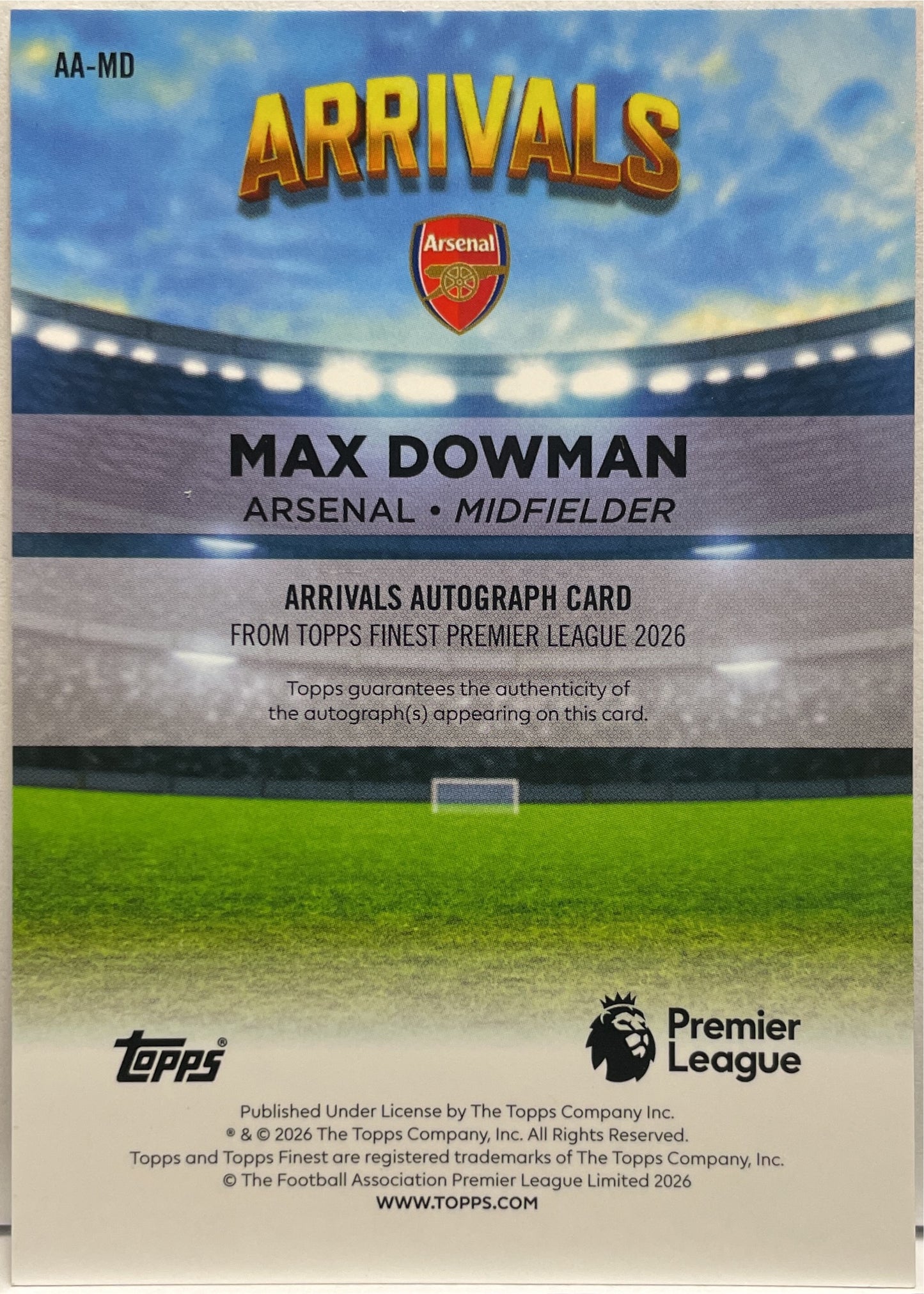 Max Dowman 2/5 Rookie Autograph Arrivals Red Topps Finest Premier League EPL 2025/26