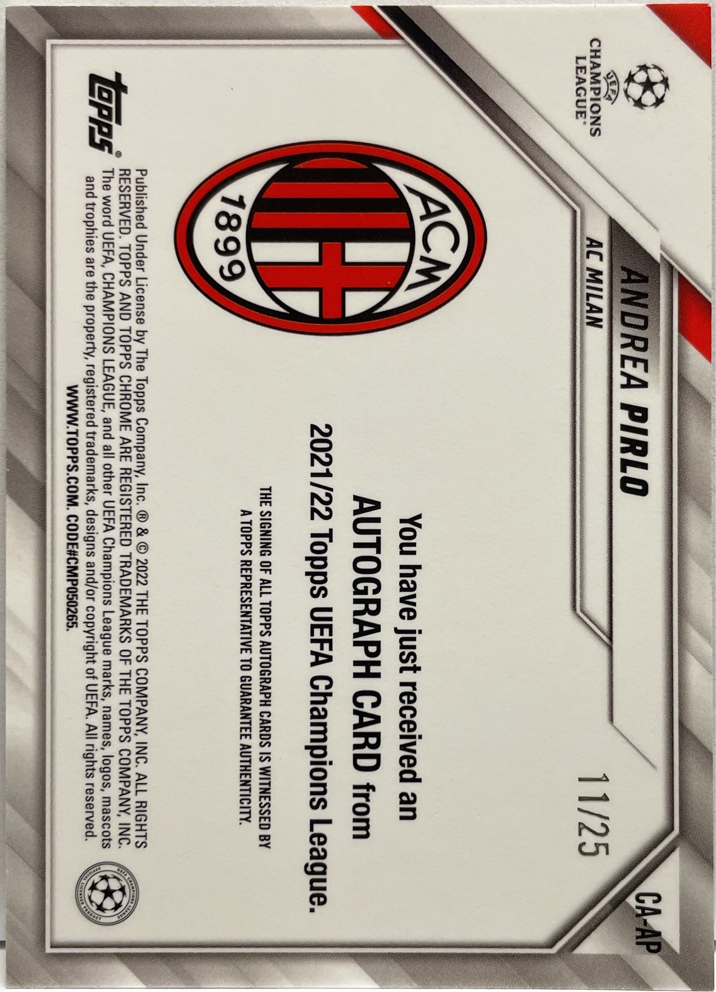 Andrea Pirlo 11/25 Autograph Orange Topps Chrome UCL 2021/22
