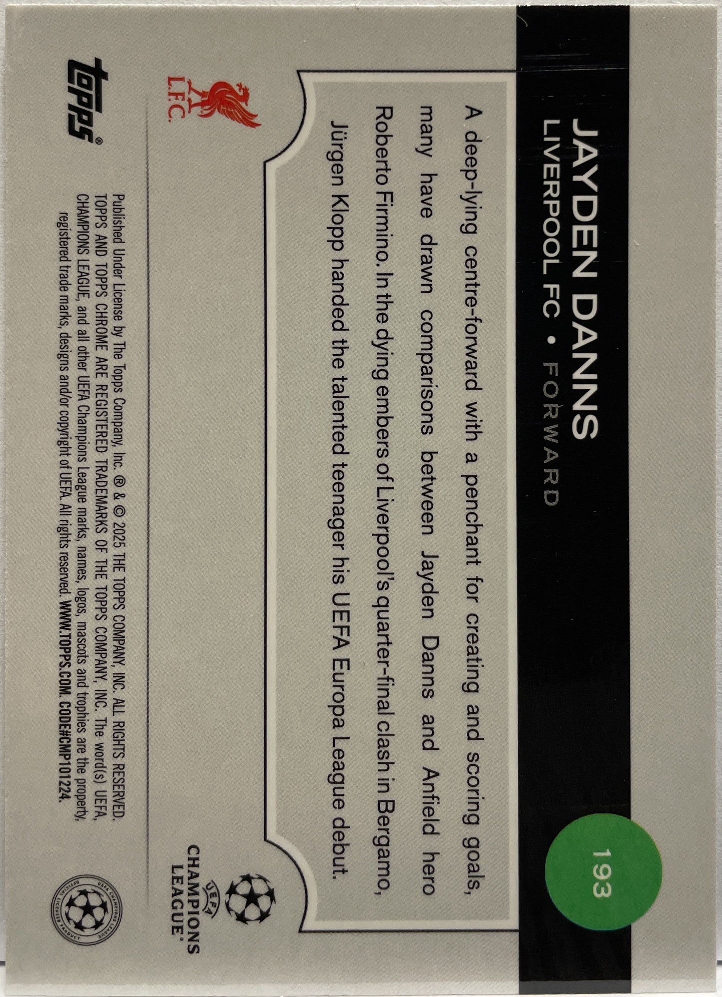 Jayden Danns 124/199 Rookie Aqua Lava Topps Chrome UCC 2024/25