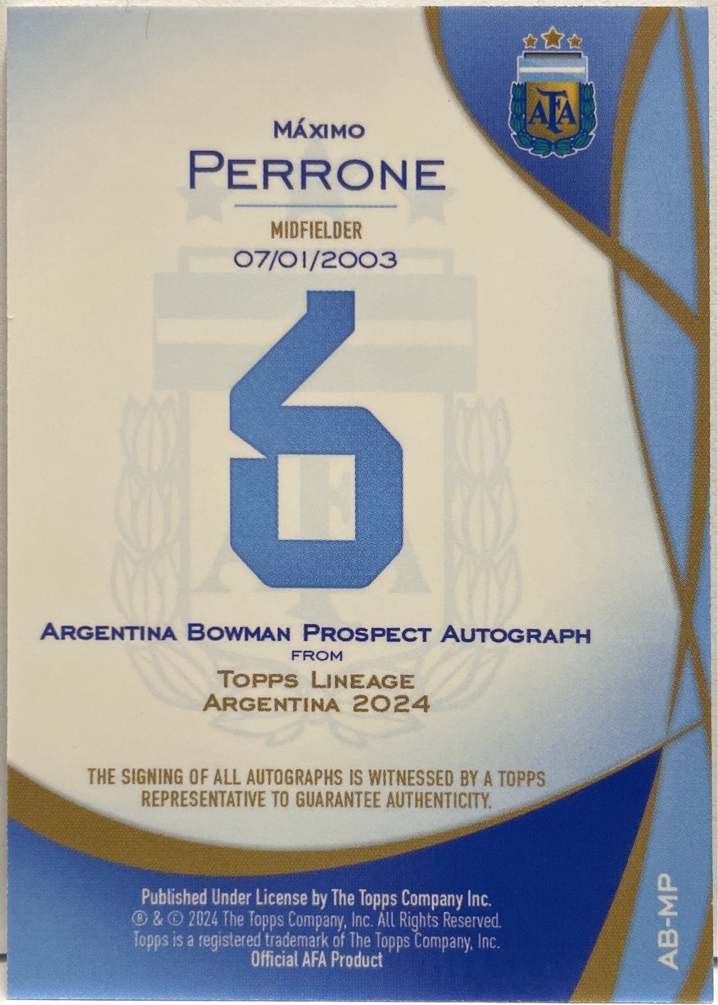 Maximo Perrone Autograph Bowman Topps Lineage Argentina 2024