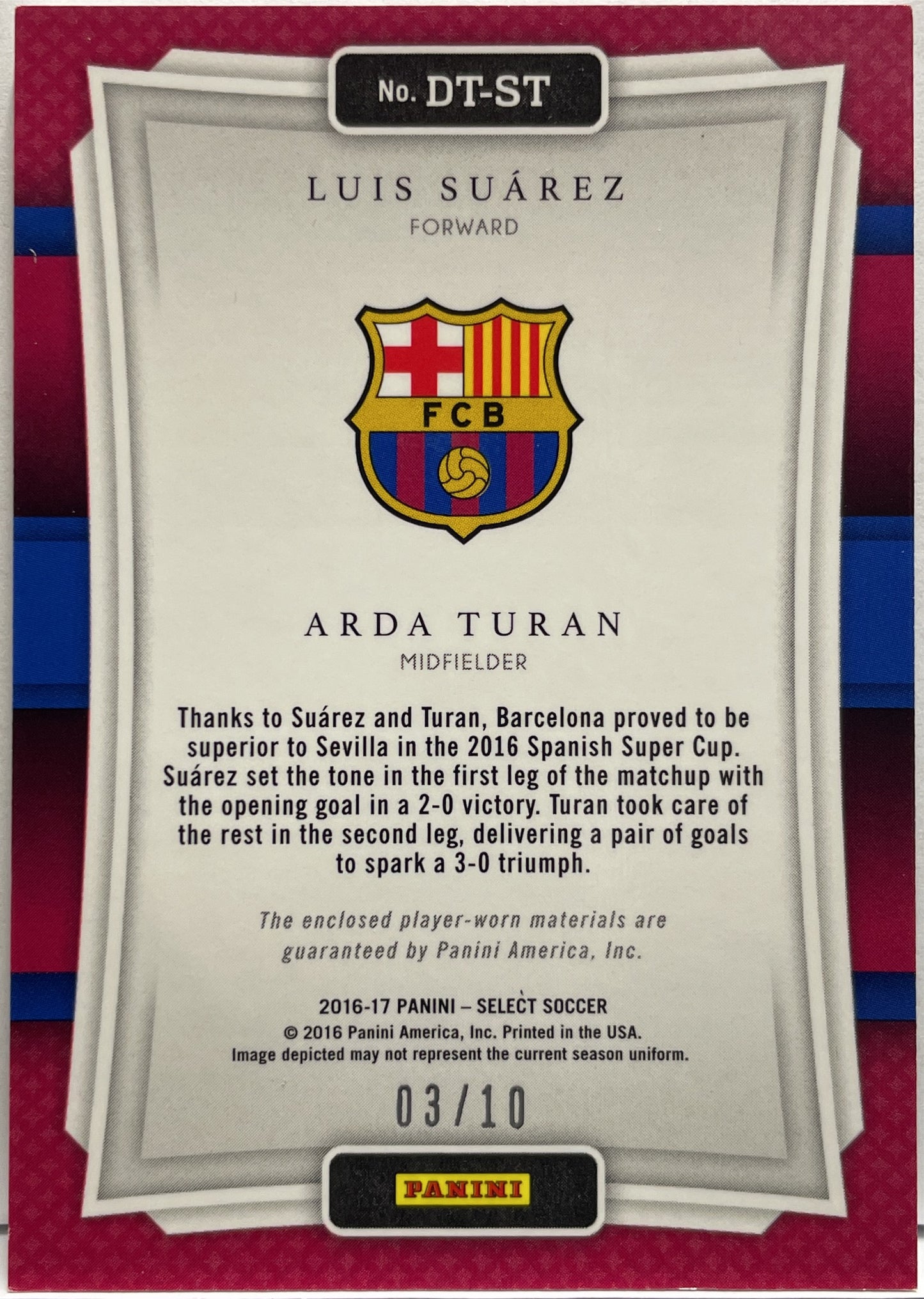 Luis Suarez Arda Guler 3/10 Patch Worn Double Team Memorabilia Panini Select 2016/17