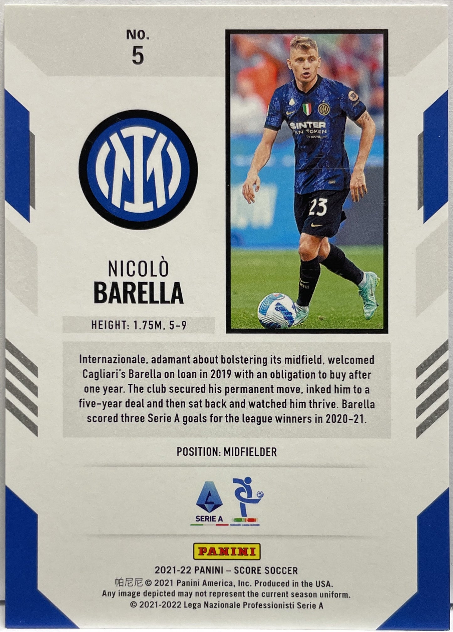 Nicolo Barella 3/5 Green Laser Panini Score Serie A 2021/22