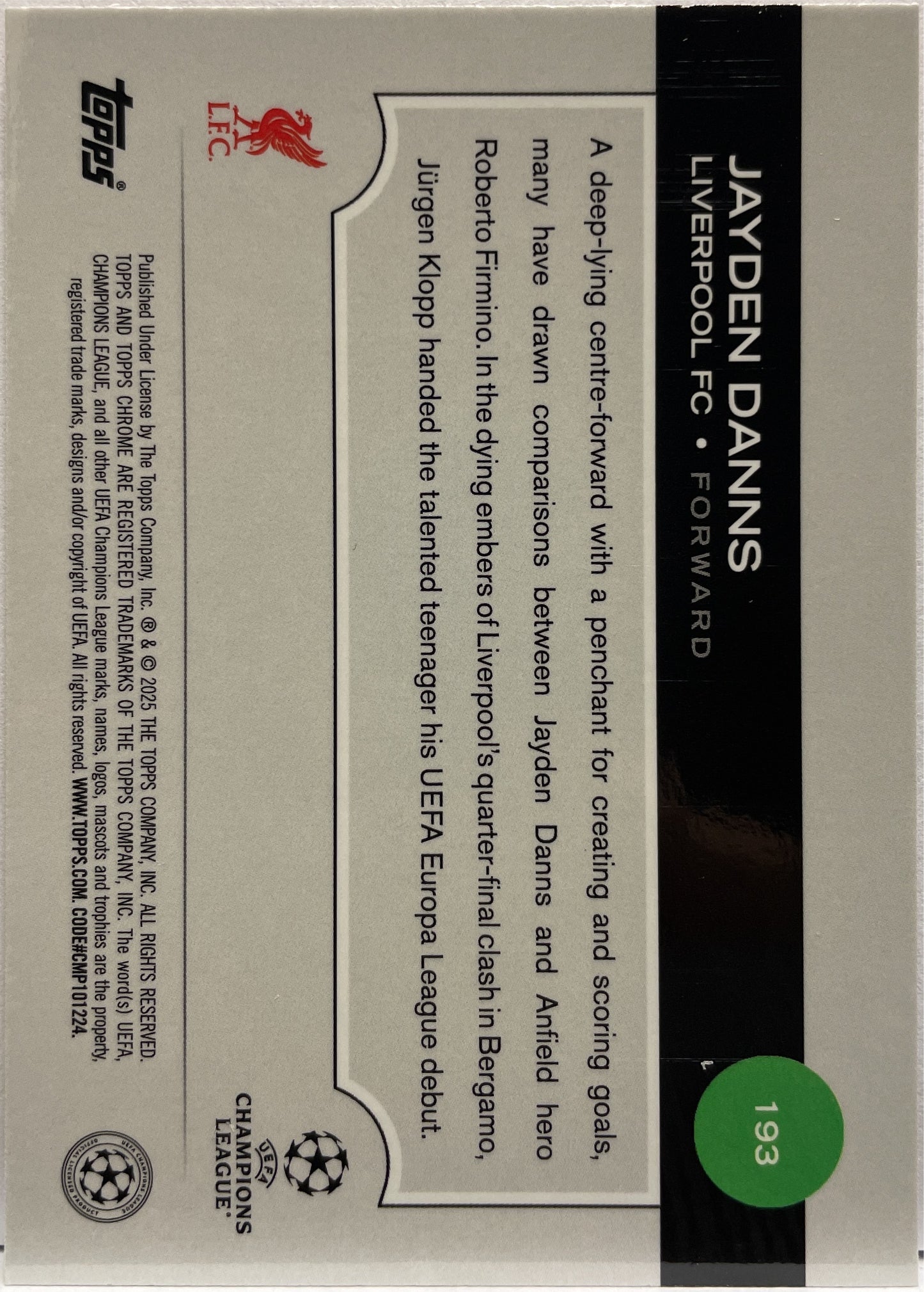 Jayden Danns 12/175 Rookie Pink RayWave Topps Chrome UCC 2024/25