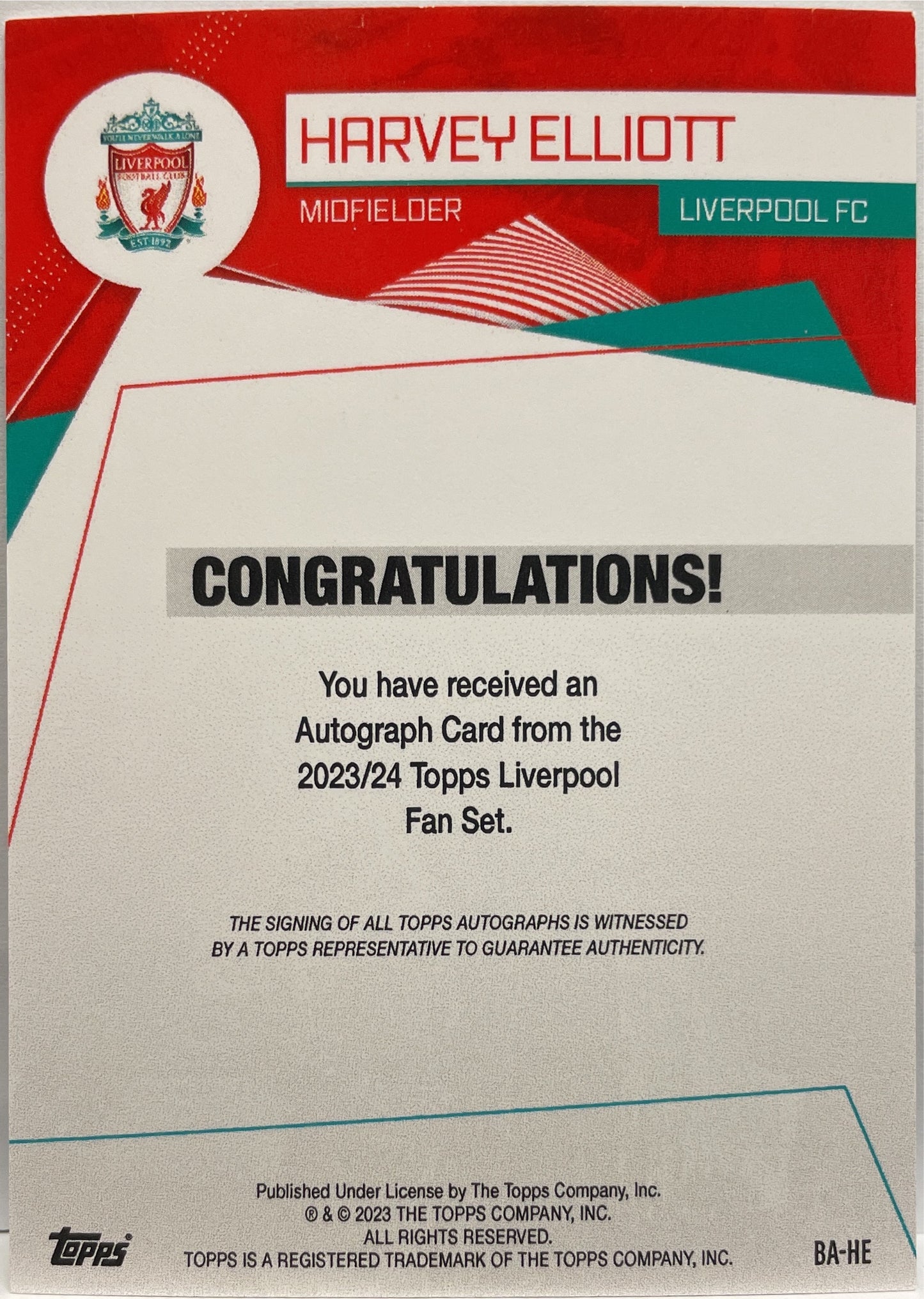 Harvey Elliott Autograph Topps Fan Set Liverpool 2022/23