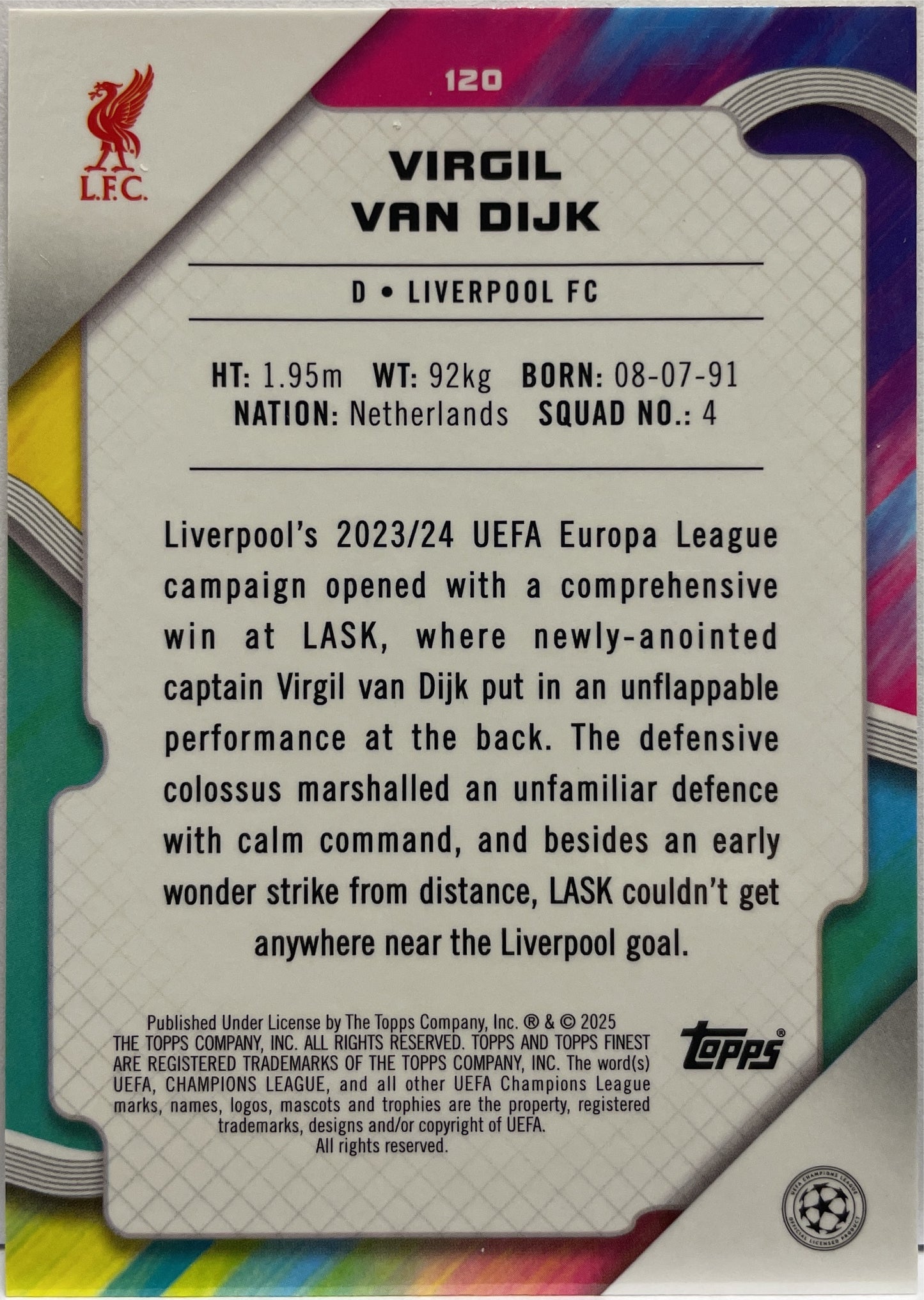 Virgil Van Dijk 101/125 Pink Prism Topps Finest UCC 2024/25