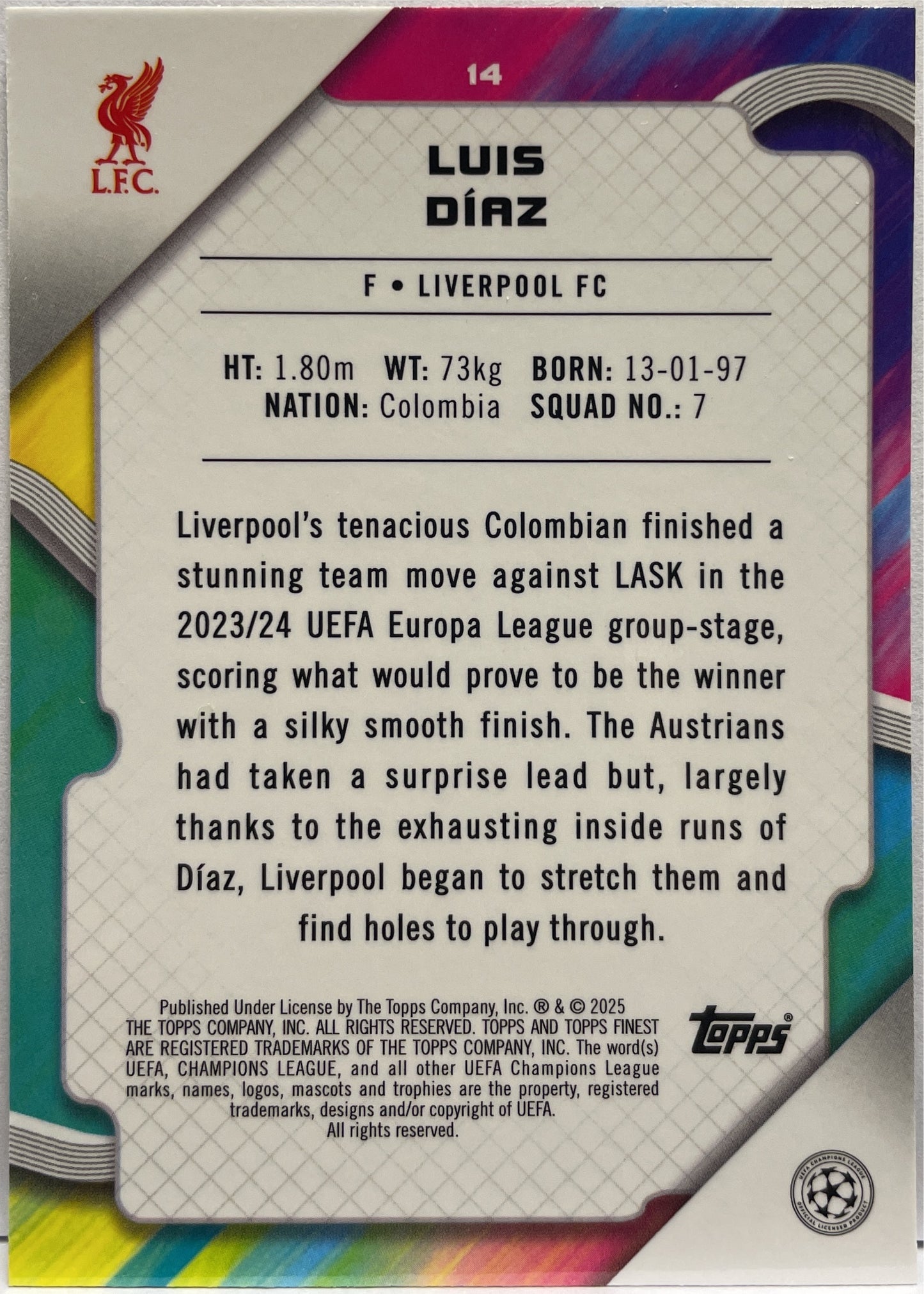 Luis Diaz 39/150 Blue Lava Topps Finest UCC 2024/25