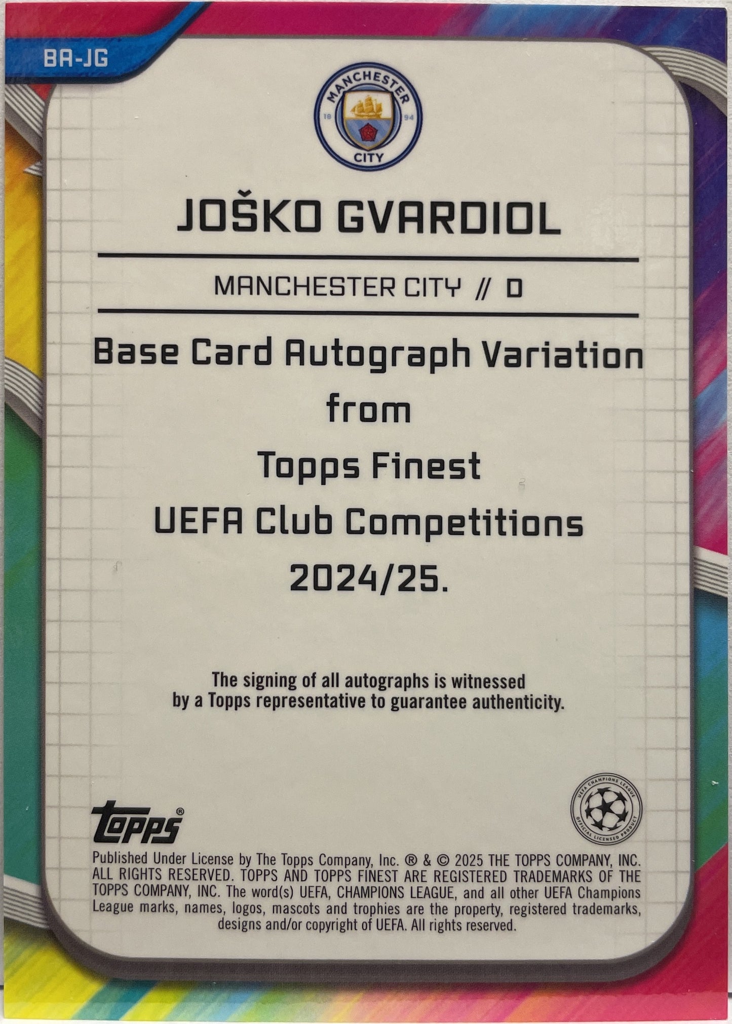 Josko Gvardiol 204/299 Autograph Purple Topps Finest UCC 2024/25