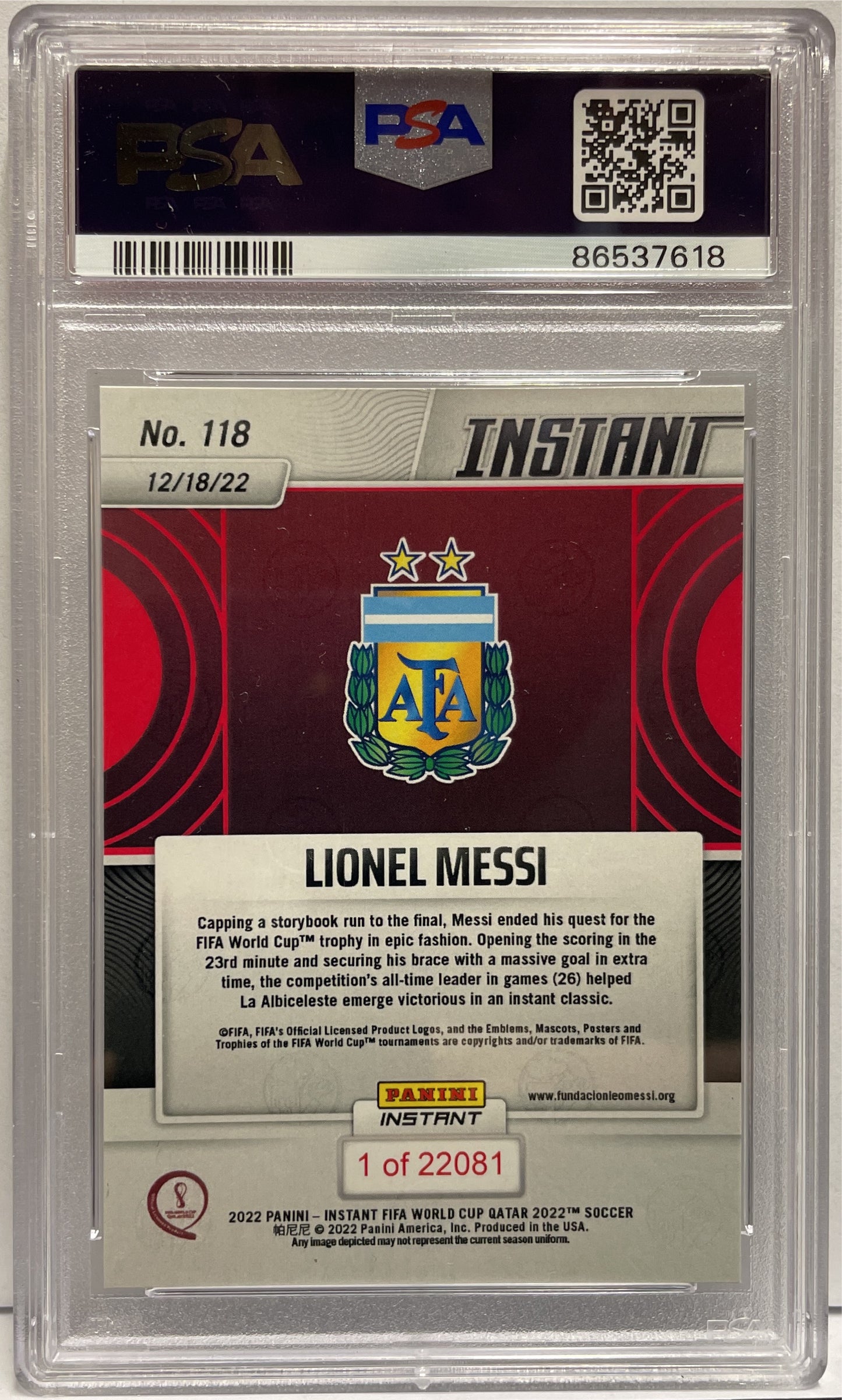 Lionel Messi Panini /22081 Instant Fifa World Cup 2022 PSA 10