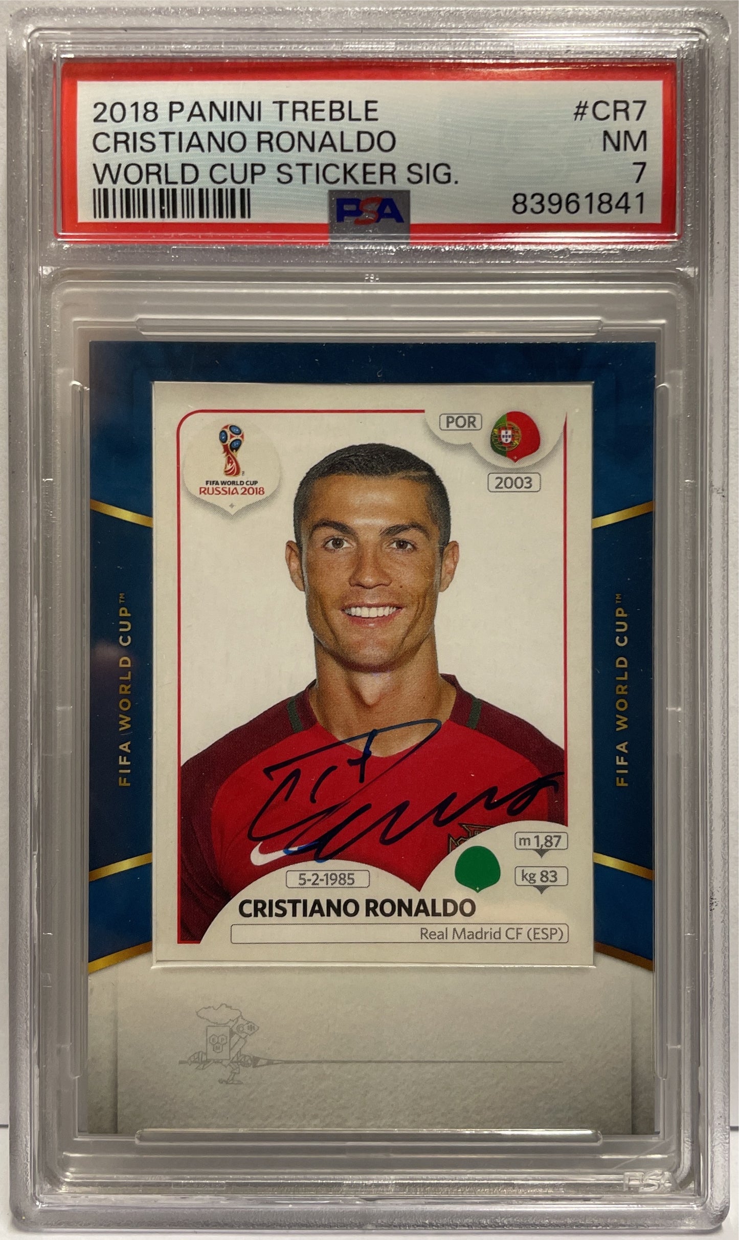 Cristiano Ronaldo Autograph On Card World Cup Sticker Signature Panini Treble 2018 PSA 7