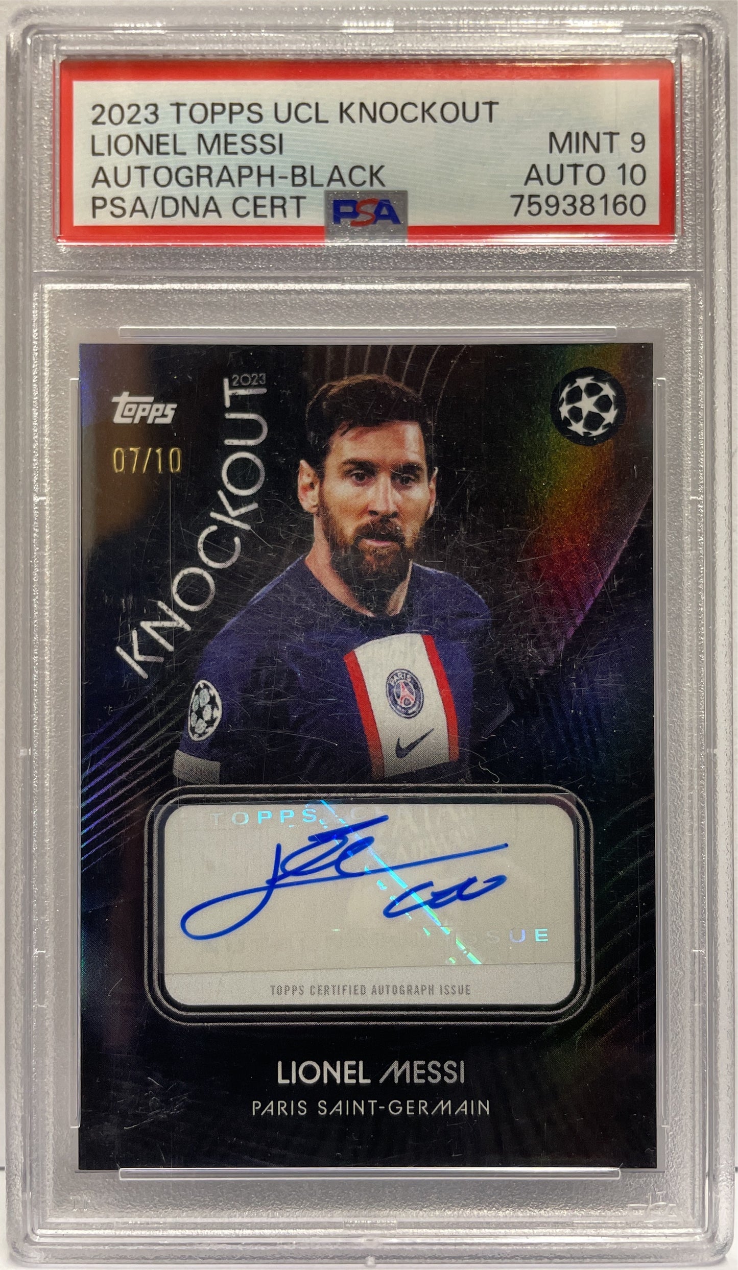 Lionel Messi 7/10 Autograph Black Topps Knockout 2022/23 PSA 9 Auto 10