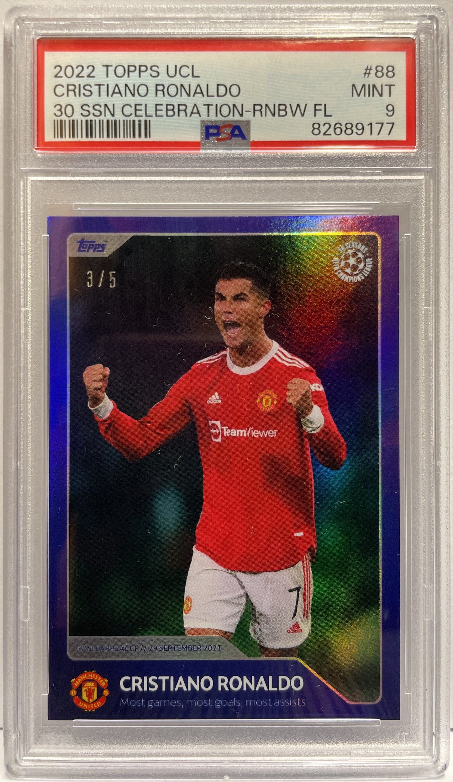 Cristiano Ronaldo 3/5 Rainbow Foil Topps 30 Season UCL Celebration 2021/22 PSA 9