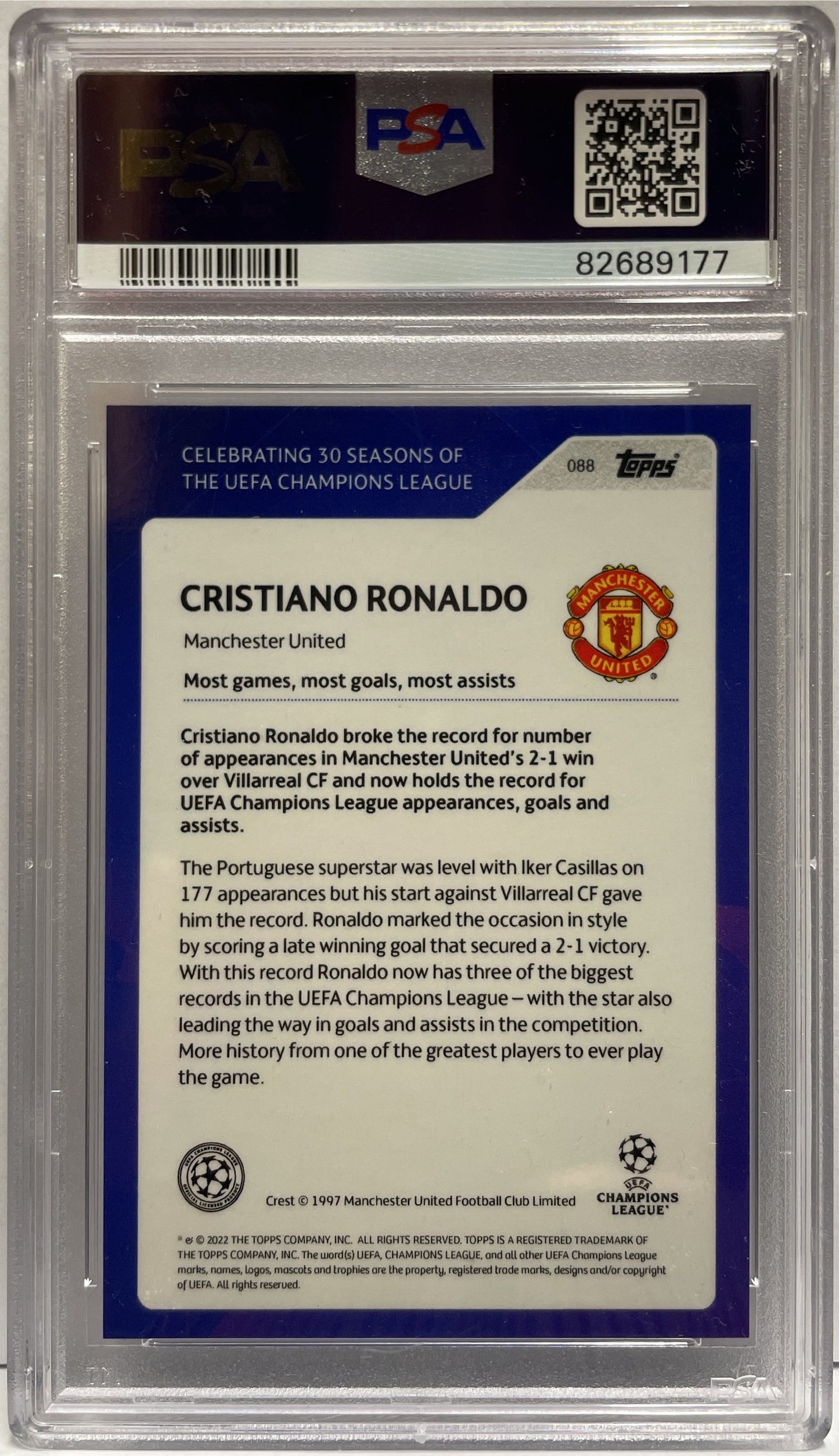 Cristiano Ronaldo 3/5 Rainbow Foil Topps 30 Season UCL Celebration 2021/22 PSA 9