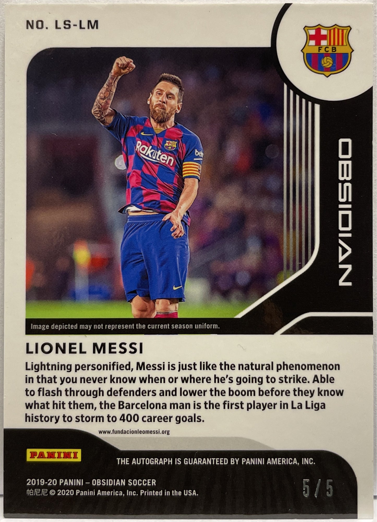Lionel Messi 5/5 Autograph Lightning Strike Panini Obsidian 2019/20