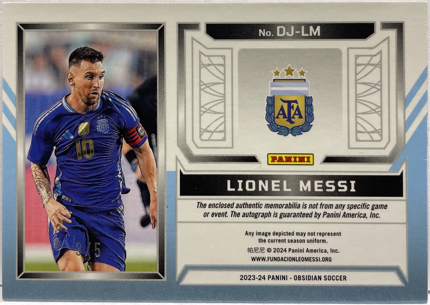 Lionel Messi 3/5 Patch Autograph Ink Panini Obsidian 2023/24