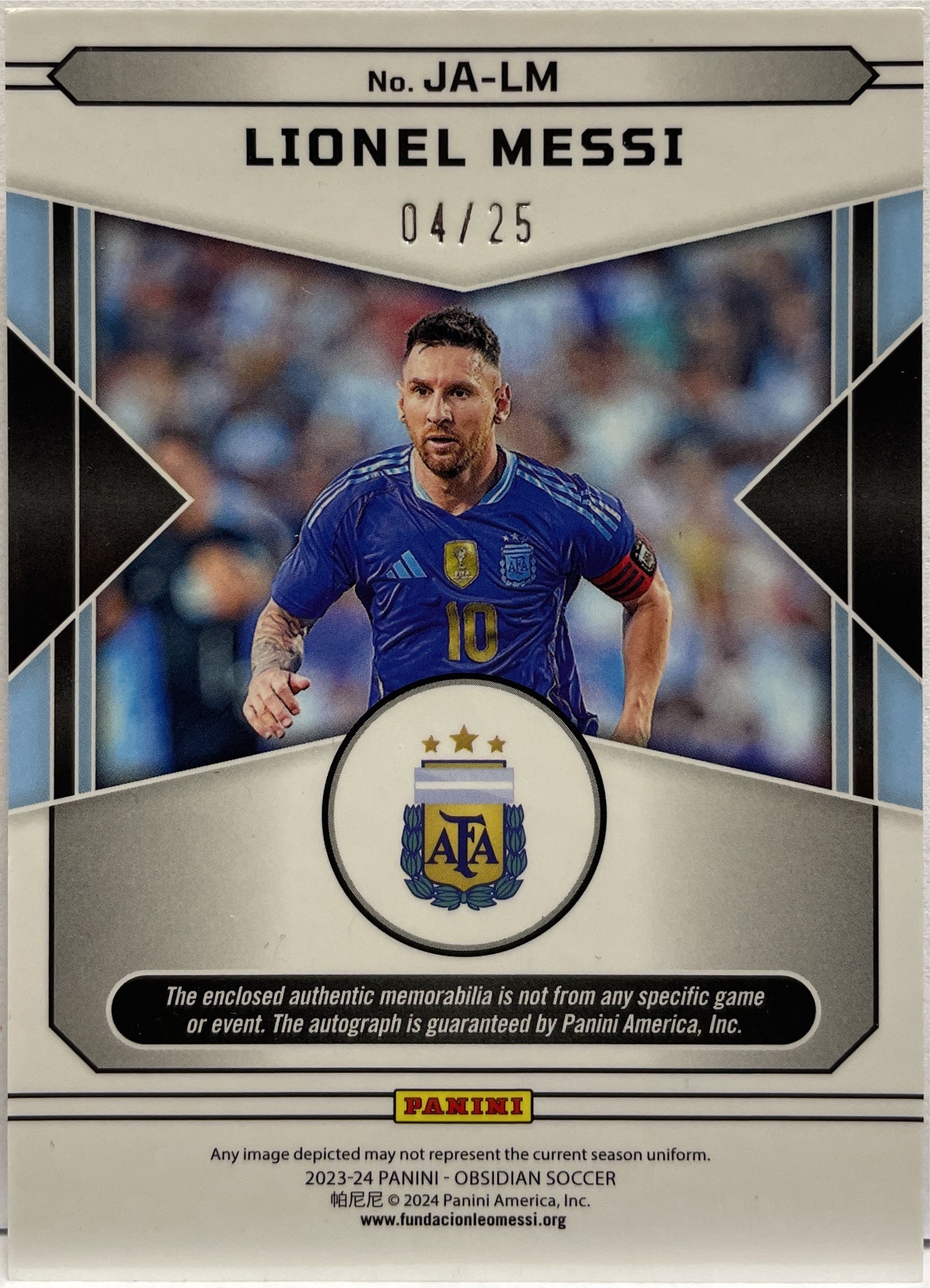 Lionel Messi 4/25 Patch Autograph Panini Obsidian 2023/24