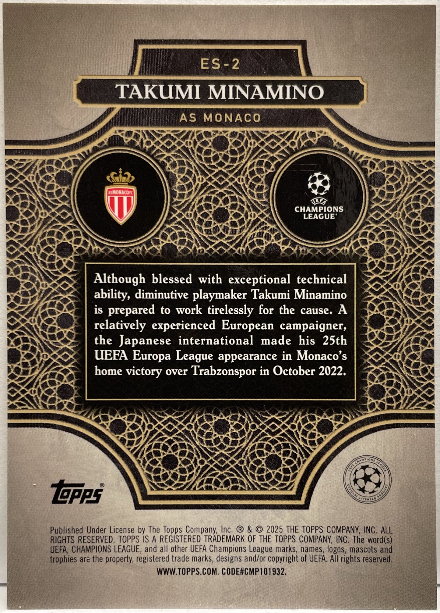 Takumi Minamino 26/50 Elite Society Gold Topps Merlin UCC 2024/25