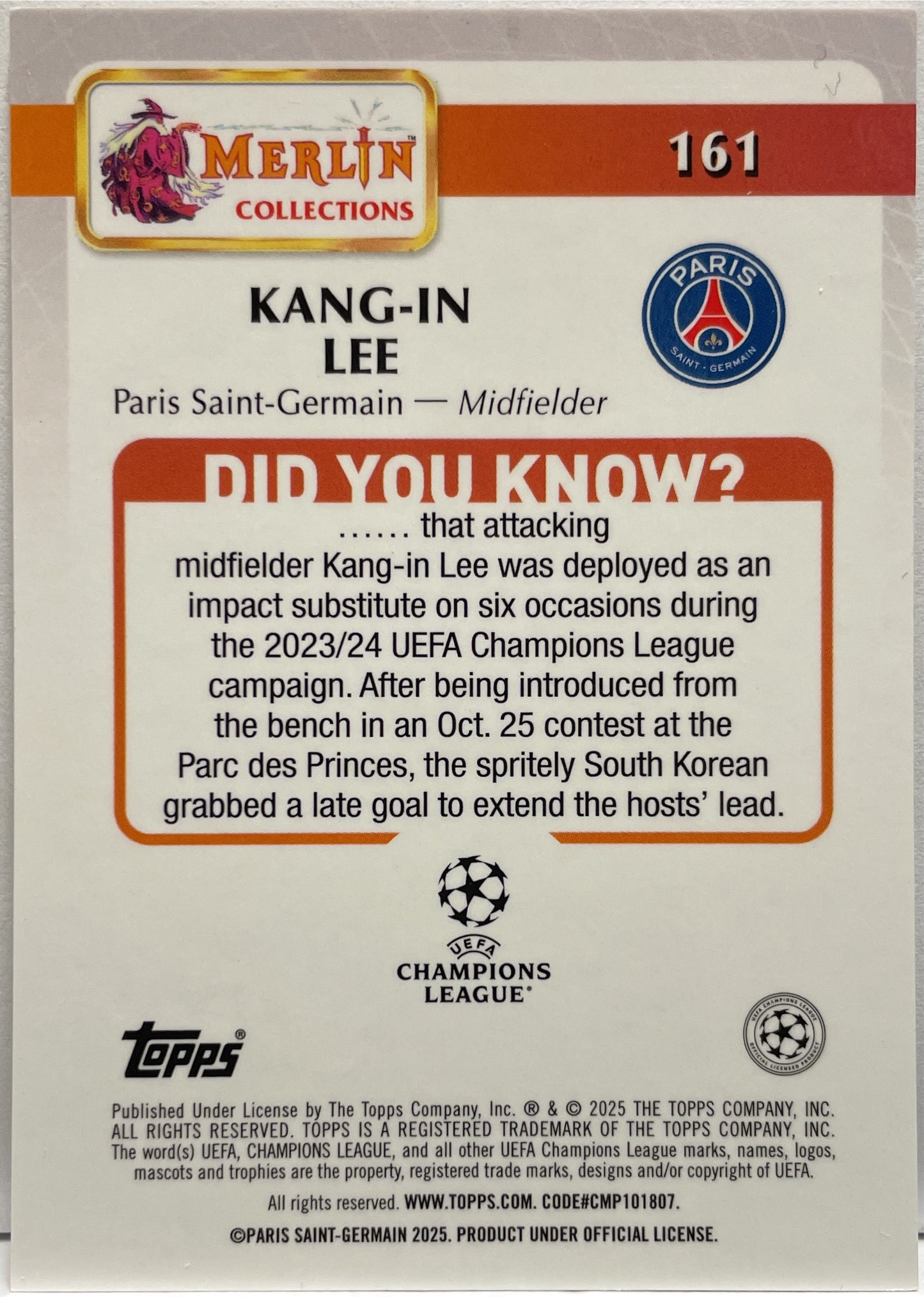 Kang In Lee 13/50 Gold Topps Merlin UCC 2024/25