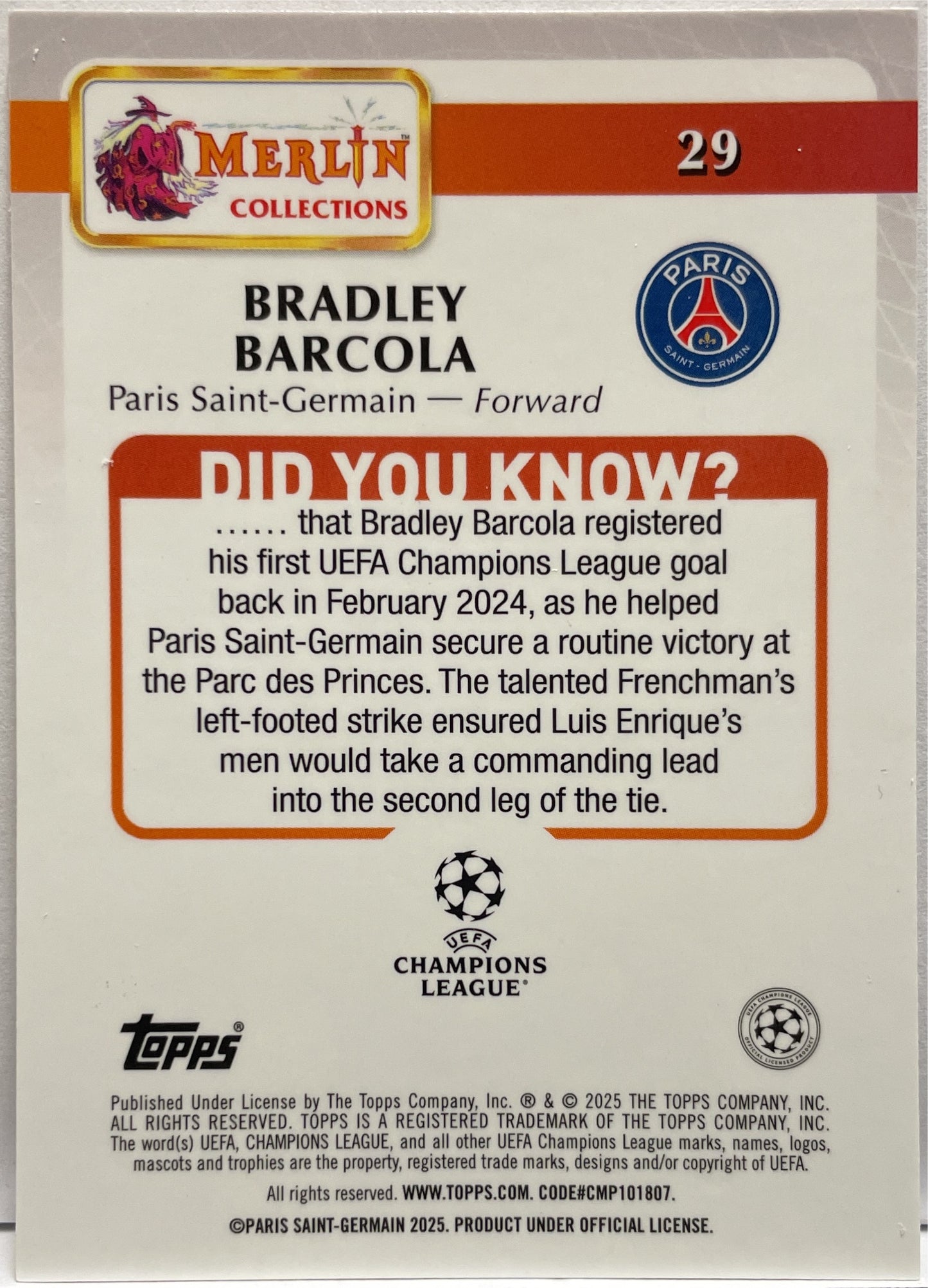 Bradley Barcola 147/199 Pink Topps Merlin UCC 2024/25