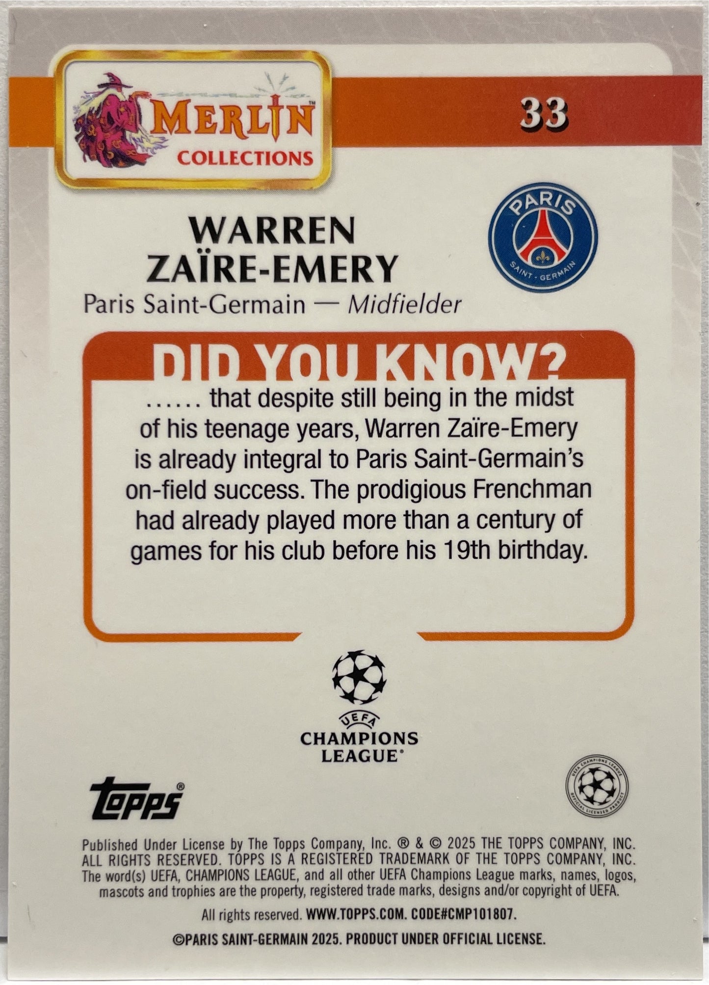 Warren Zaire Emery 111/150 Blue Topps Merlin UCC 2024/25