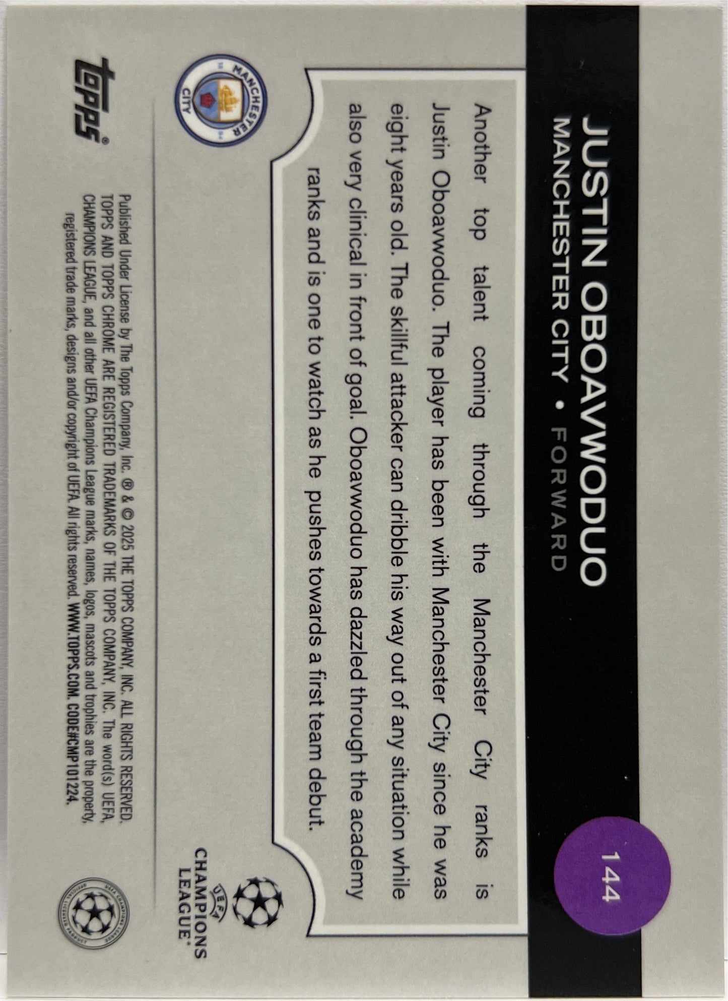 Justin Oboavwoduo 1/25 Rookie Orange Topps Chrome UCC 2024/25