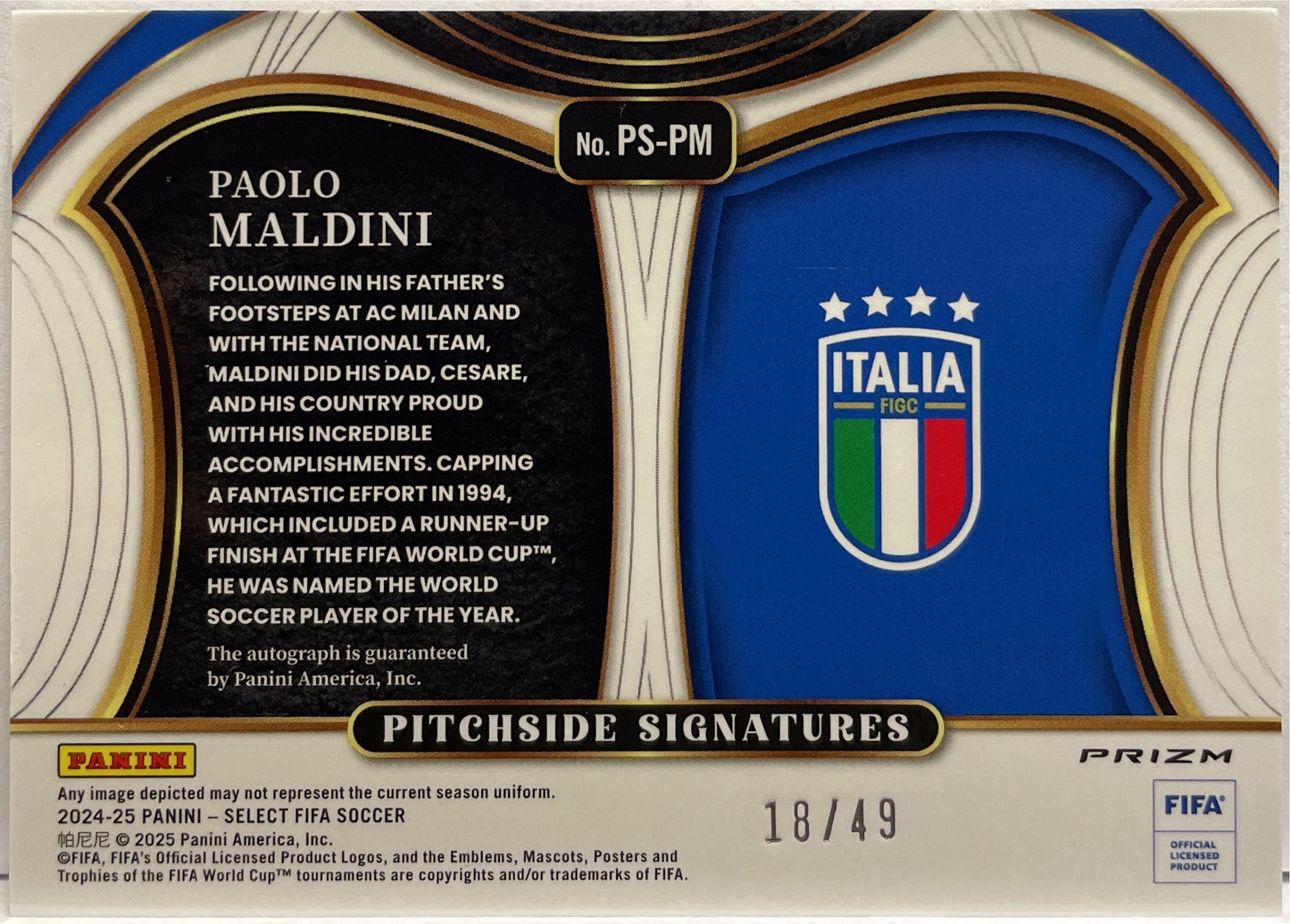 Paolo Maldini 18/49 Autograph Pitchside Signatures Purple Select Fifa 2024/25