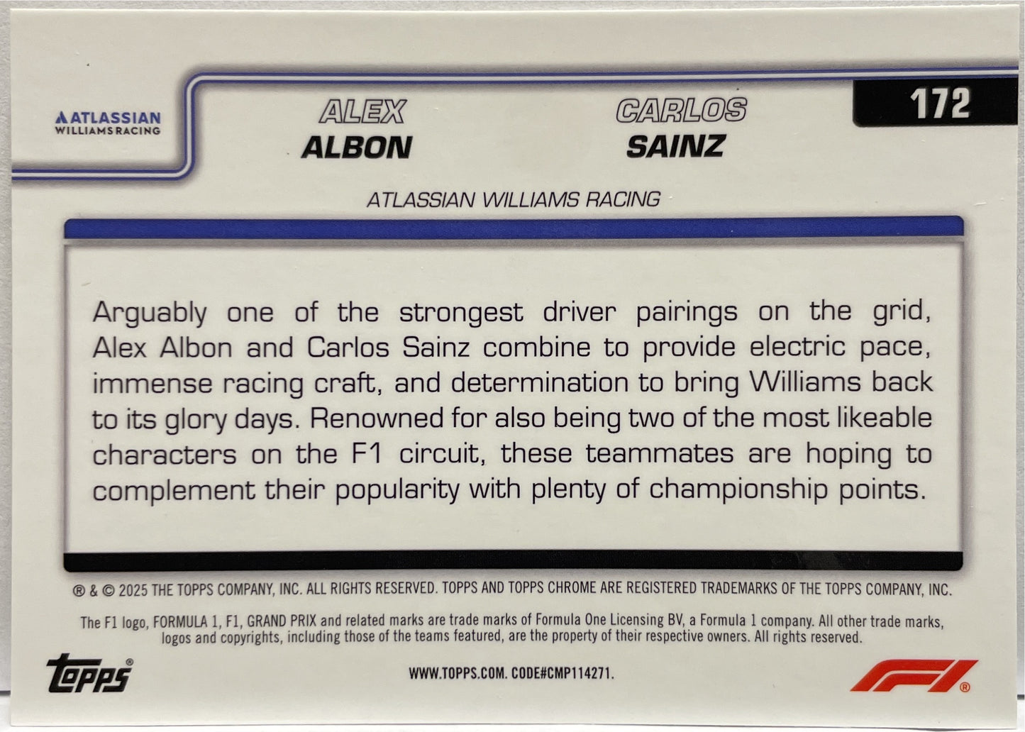 Alex Albon Carlos Sainz 102/140 Duo Forest Green RayWave Topps Chrome F1 2025
