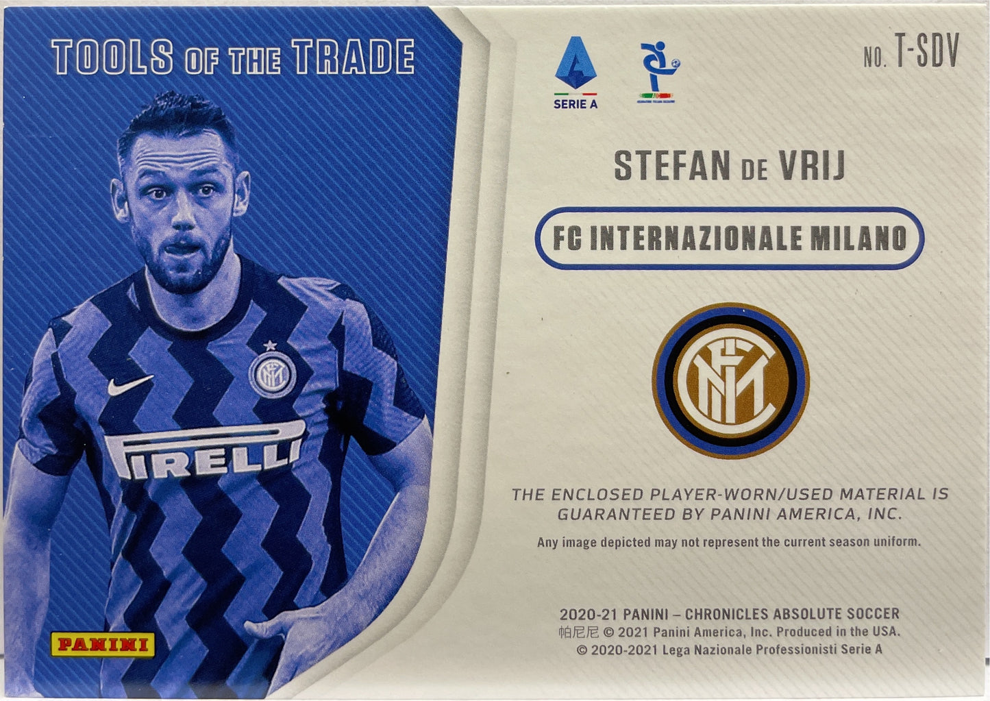 Stefan De Vrij 16/500 Patch Worn Tools Of The Trade Panini Chronicles Absolute 2020/21