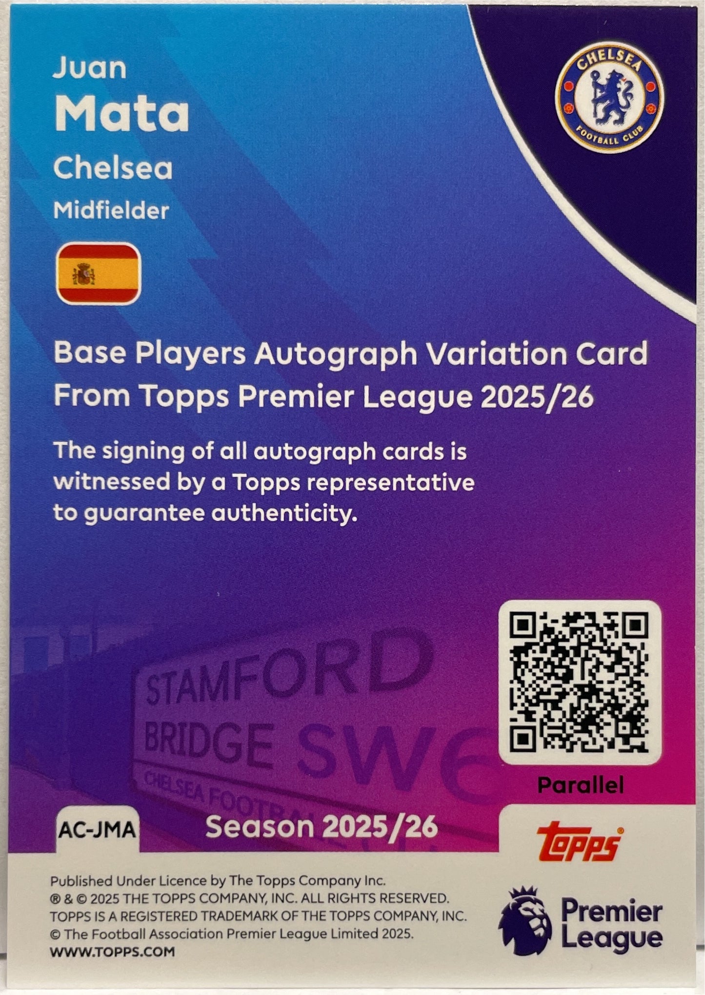 Juan Mata 3/10 Autograph Black Topps Premier League EPL 2026