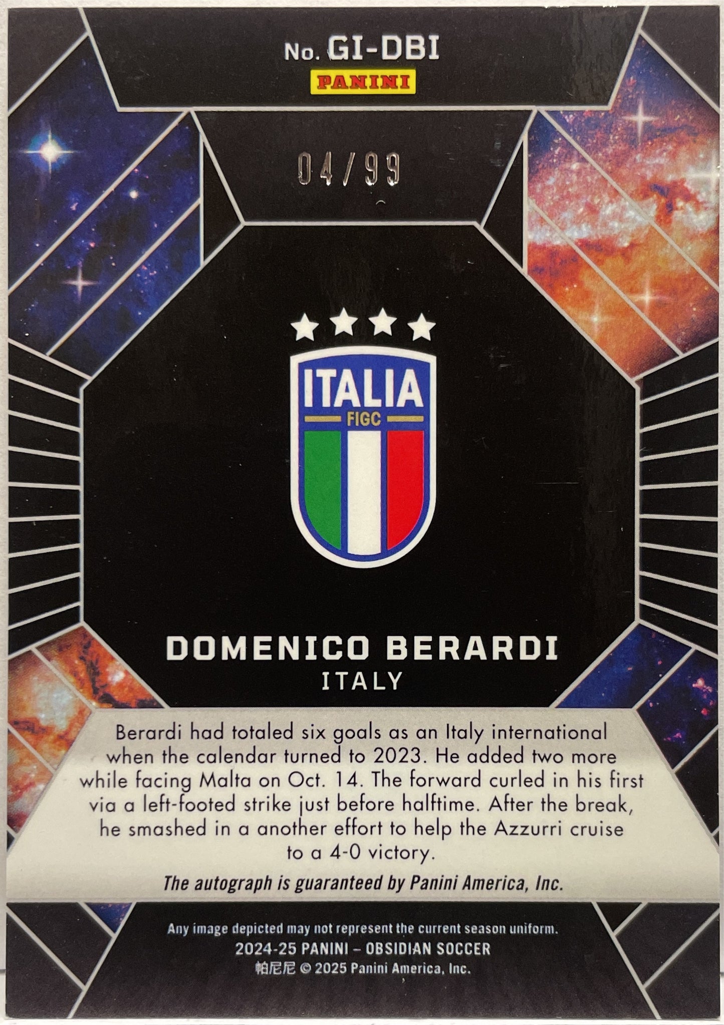 Domenico Berardi 4/99 Autograph Galaxy Ink Panini Obsidian 2024/25