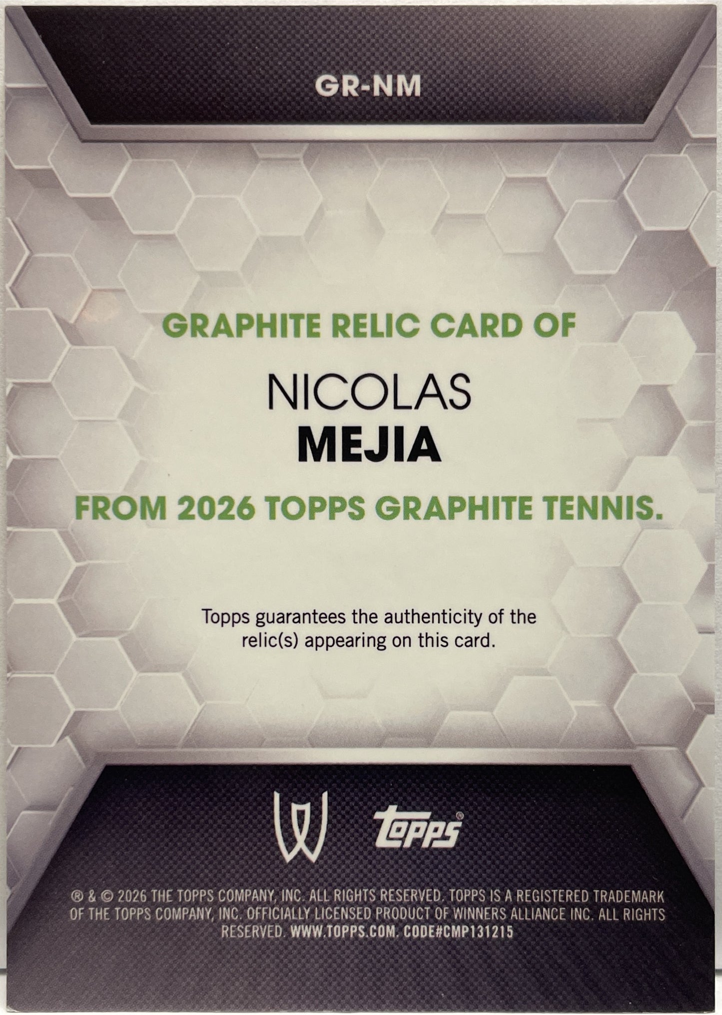 Nicolas Meija Patch Worn Relic Topps Tennis Graphite 2026