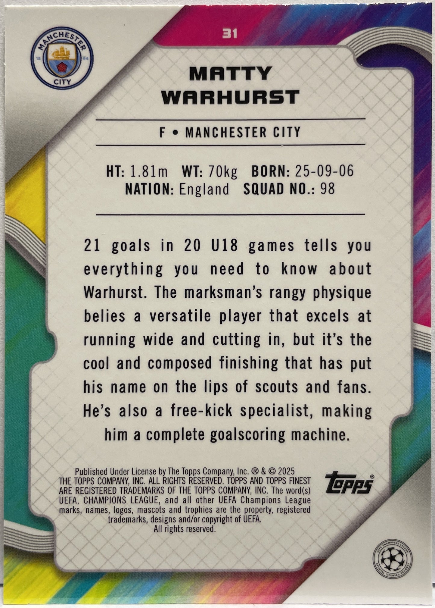 Matty Warhurst 71/99 Rookie Green Lava Topps Finest UCC 2024/25