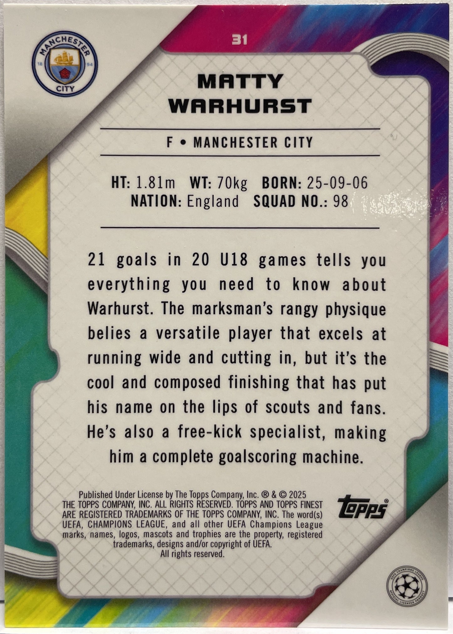 Matty Warhurst 70/125 Rookie Pink Prizm Topps Finest UCC 2024/25