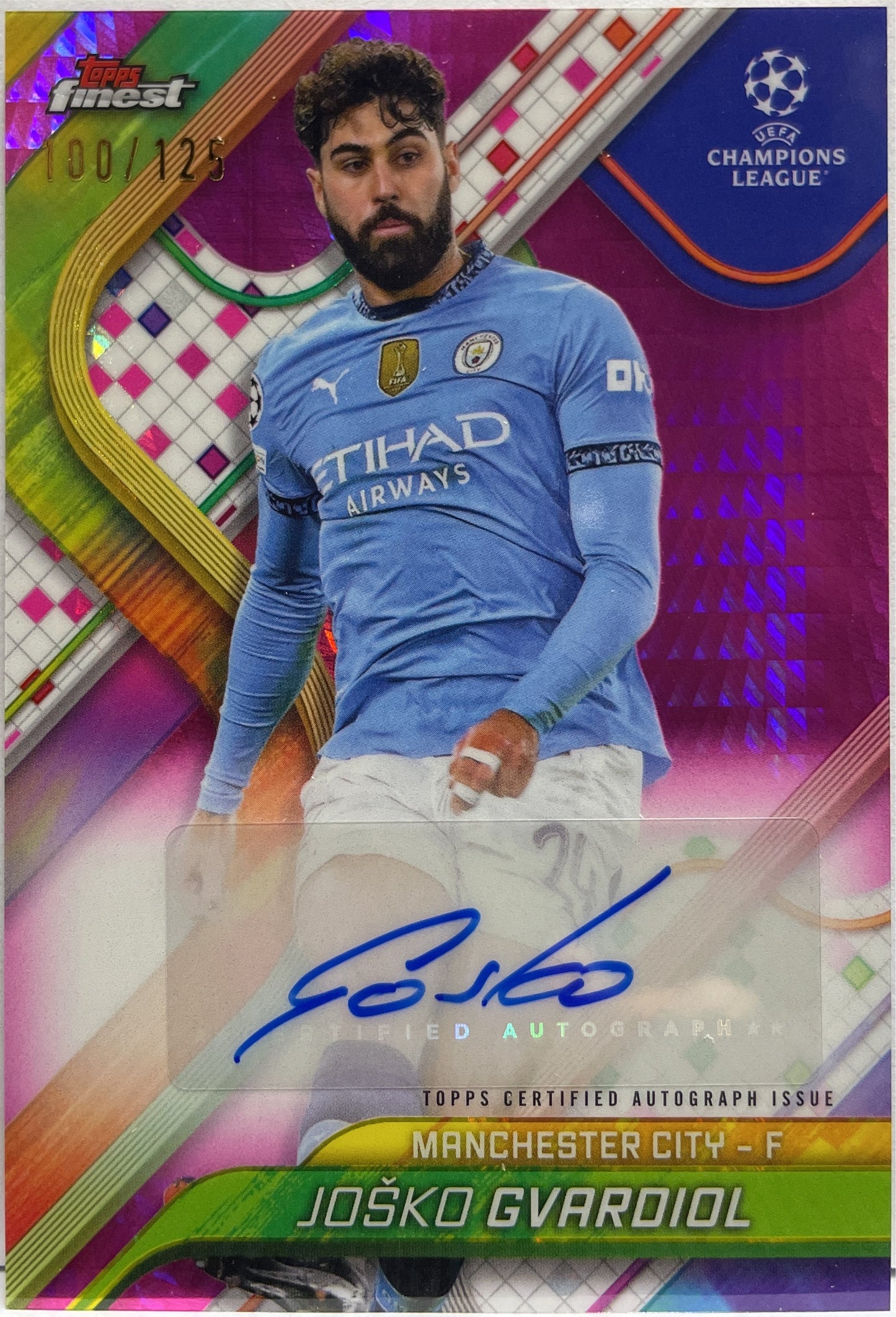 Josko Gvardiol 100/125 Autograph Pink Prizm Topps Finest UCC 2024/25