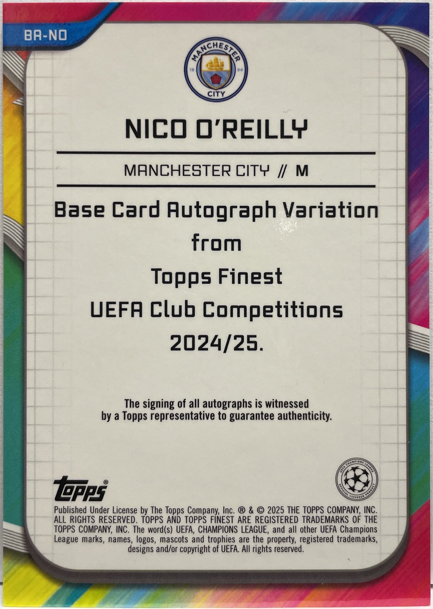 NIco O'Reilly 61/99 Rookie Autograph Green Shimmer Topps Finest UCC 2024/25