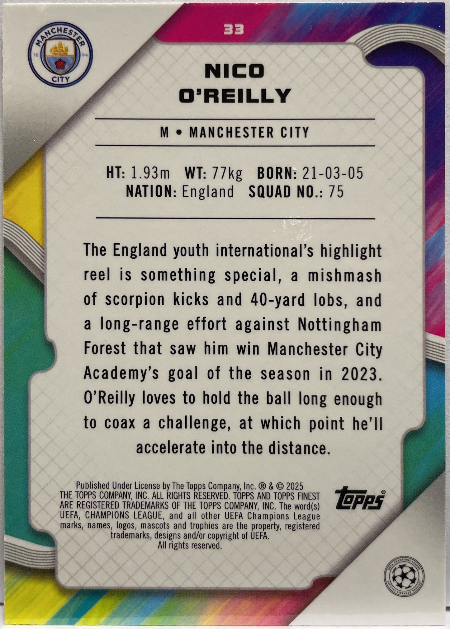 NIco O'Reilly 94/299 Rookie Purple Topps Finest UCC 2024/2