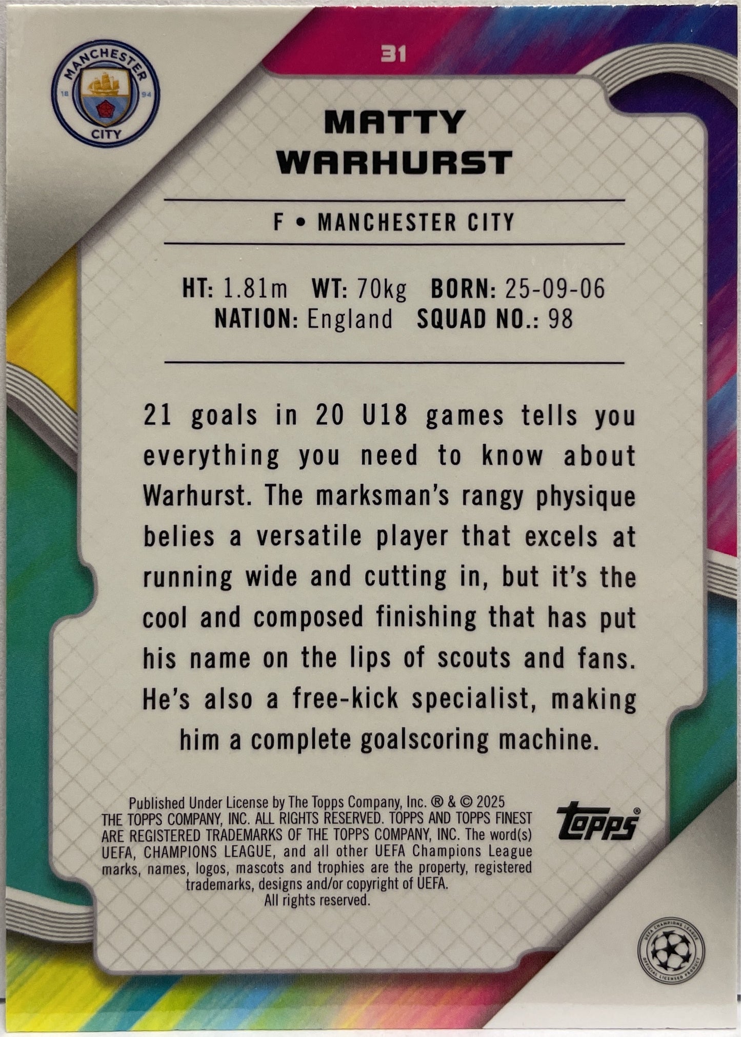 Matty Warhurst 143/299 Rookie Purple Topps Finest UCC 2024/25