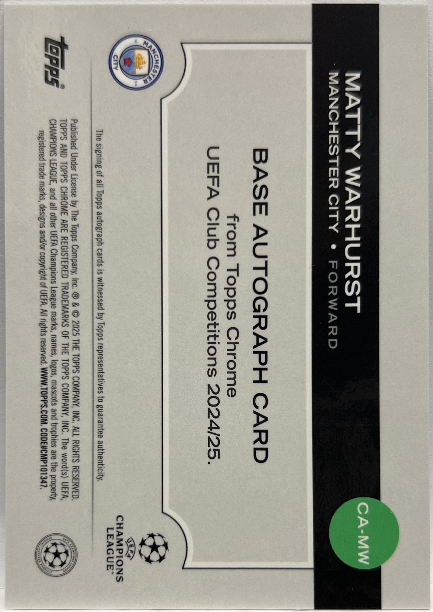 Matty Warhurst 42/150 Rookie Autograph Blue Lava Topps Chrome UCC 2024/25