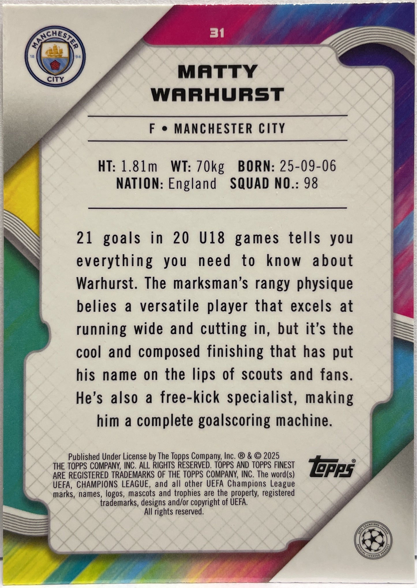 Matty Warhurst 59/250 Rookie Pink RayWave Topps Finest UCC 2024/25