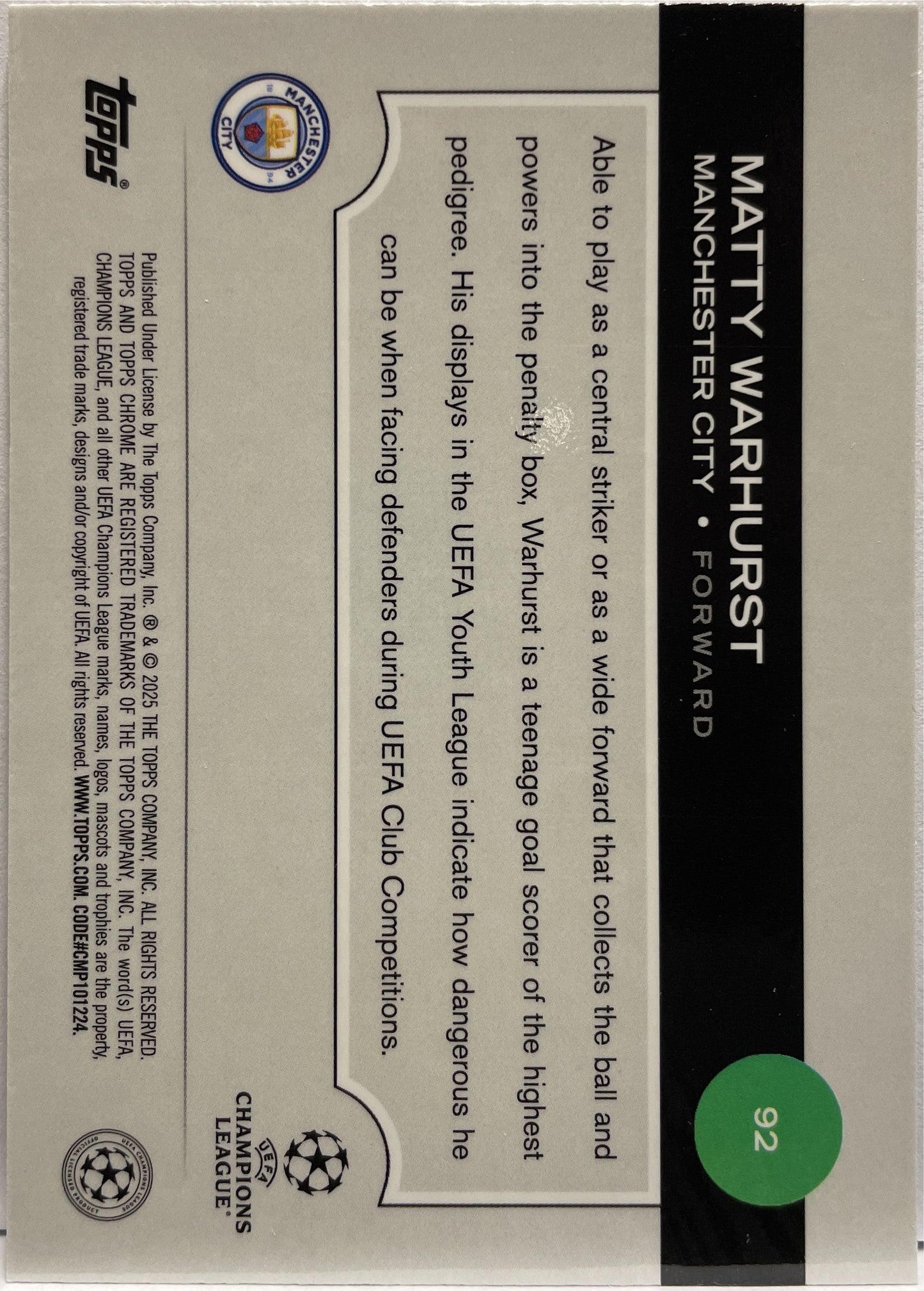 Matty Warhurst 2/75 Rookie Magenta Topps Chrome UCC 2024/25