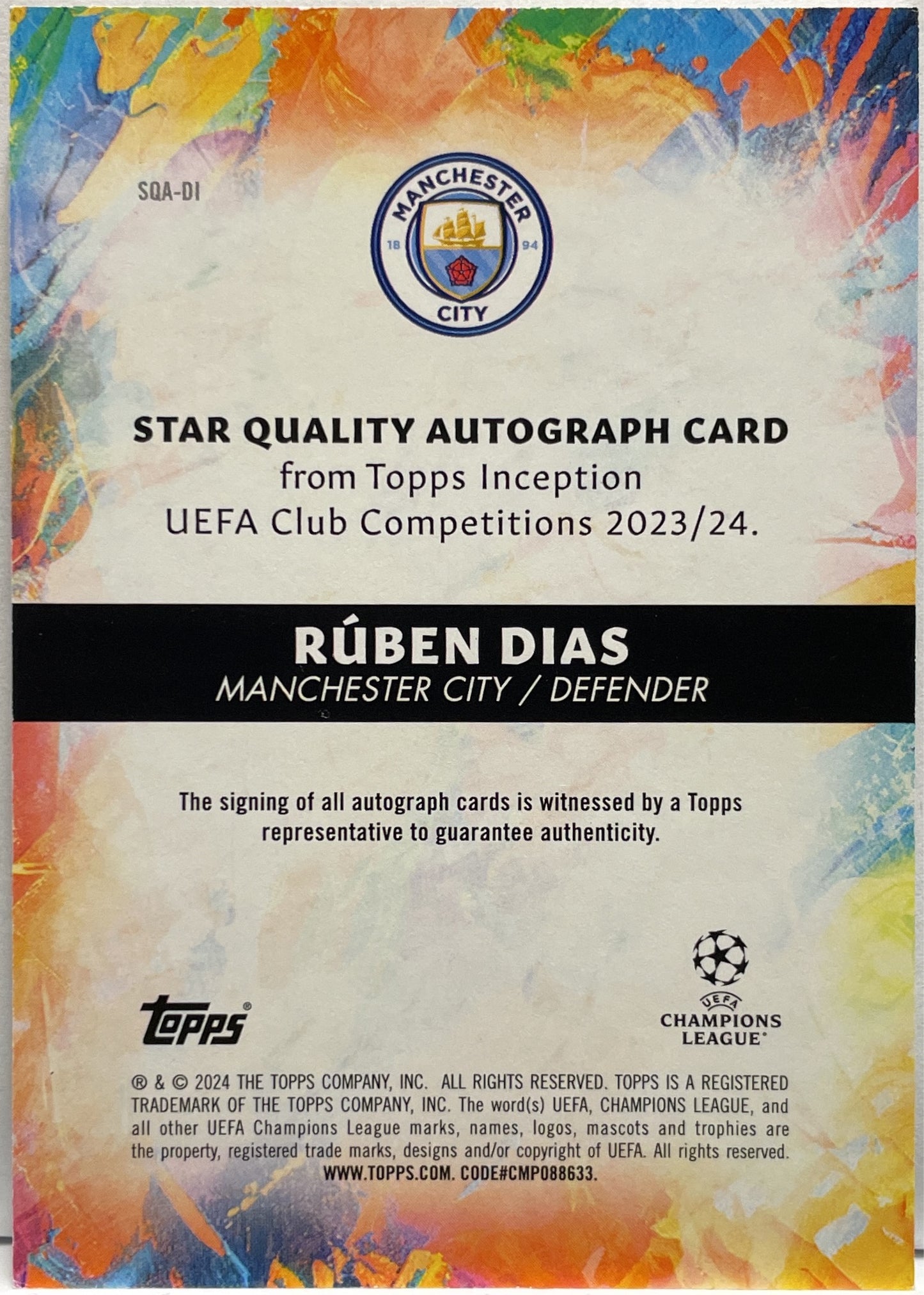 Ruben Dias 69/99 Autograph Star Quality Green Topps Inception 2023/24
