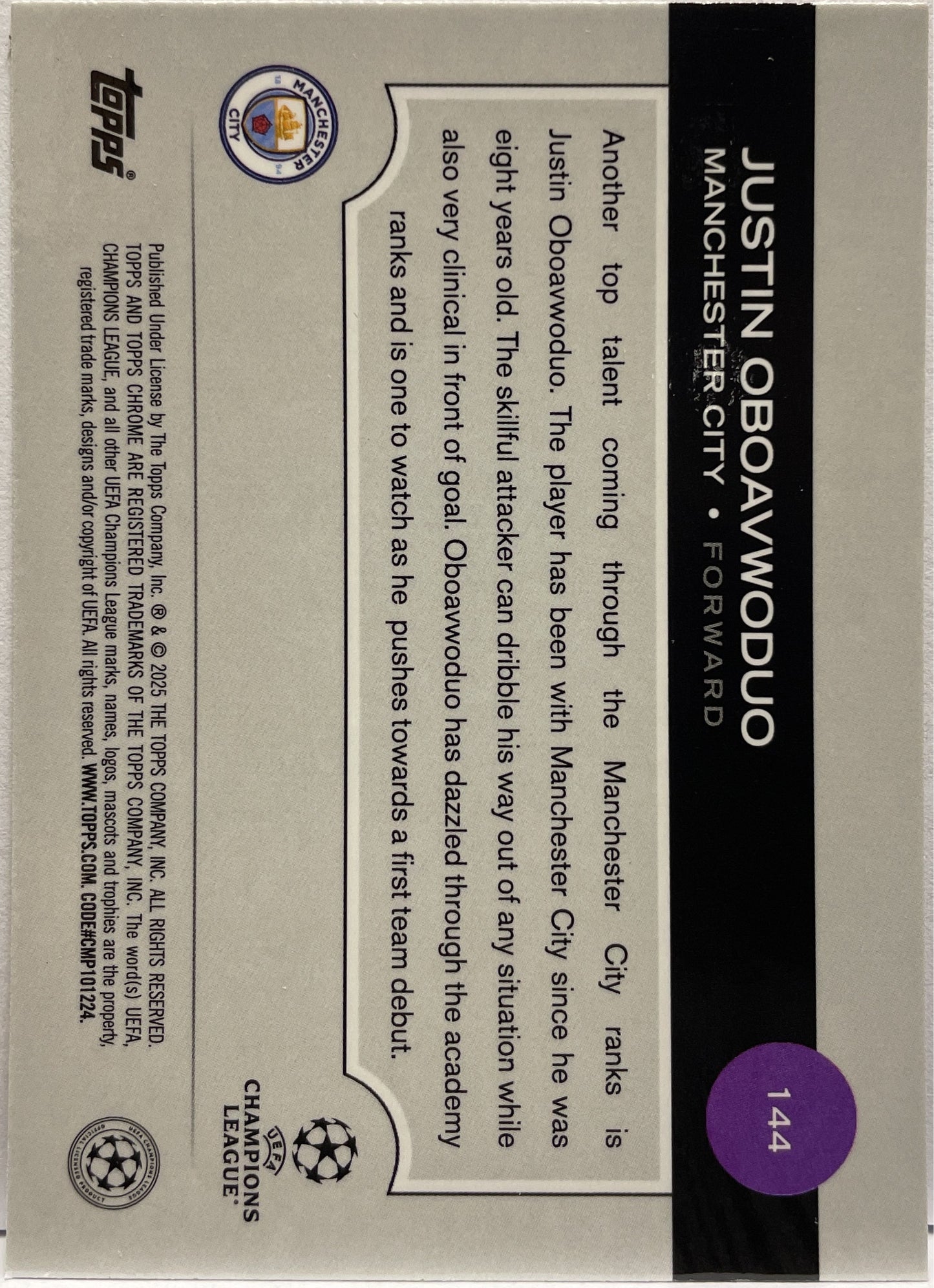 Justin Oboavwoduo 118/250 Rookie Pink Lava Topps Chrome UCC 2024/25