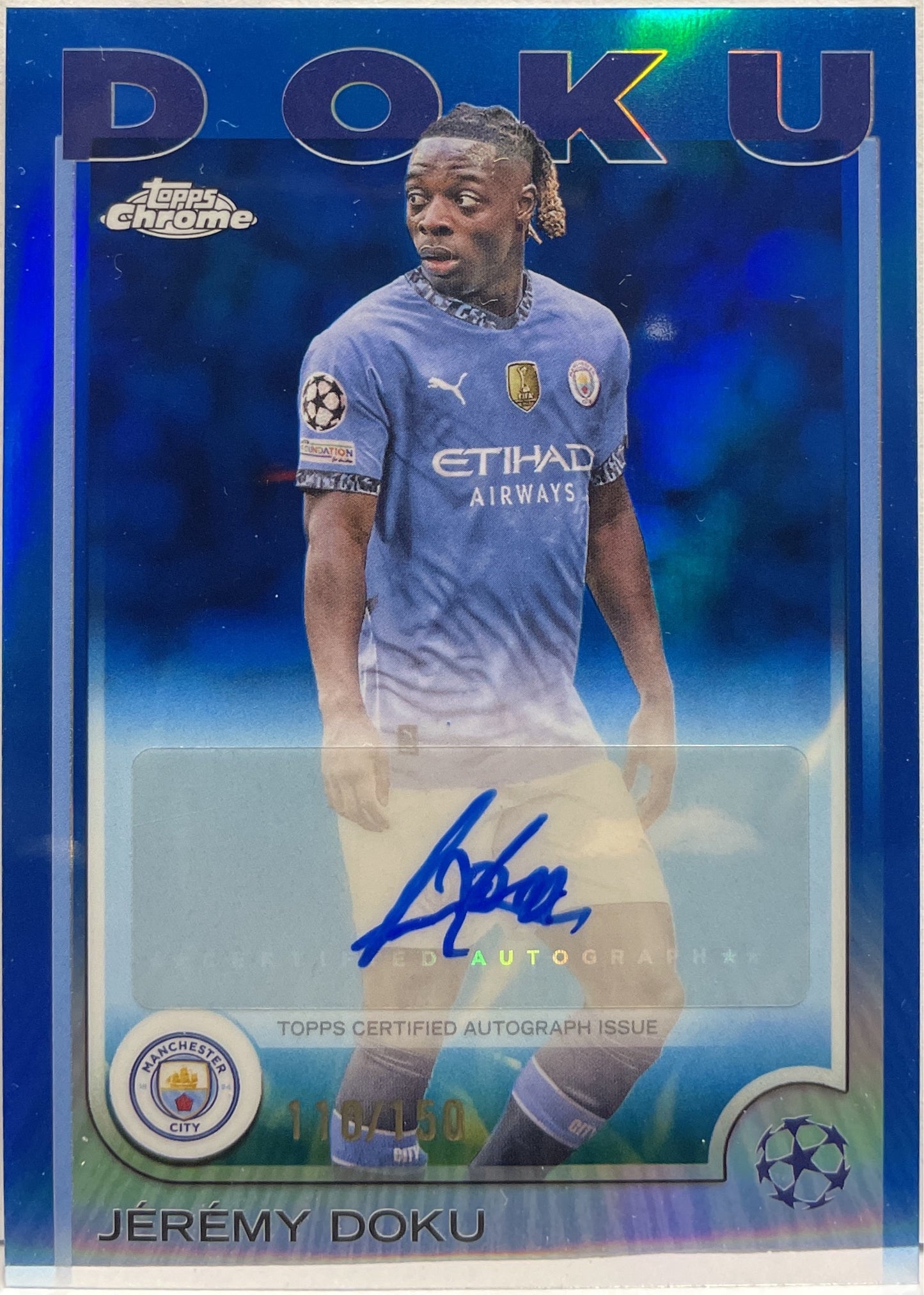 Jeremy Doku 110/150 Autograph Blue Topps Chrome UCC 2024/25