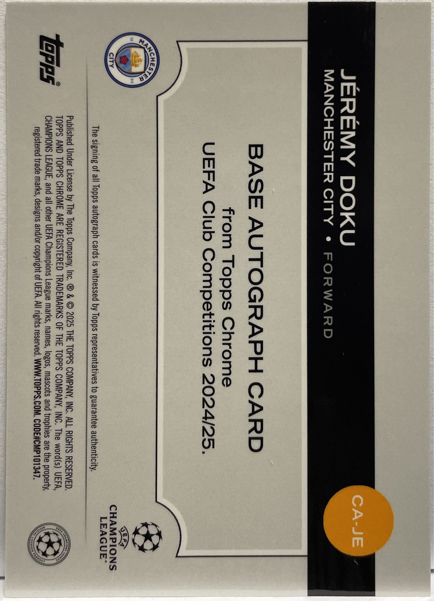 Jeremy Doku 110/150 Autograph Blue Topps Chrome UCC 2024/25