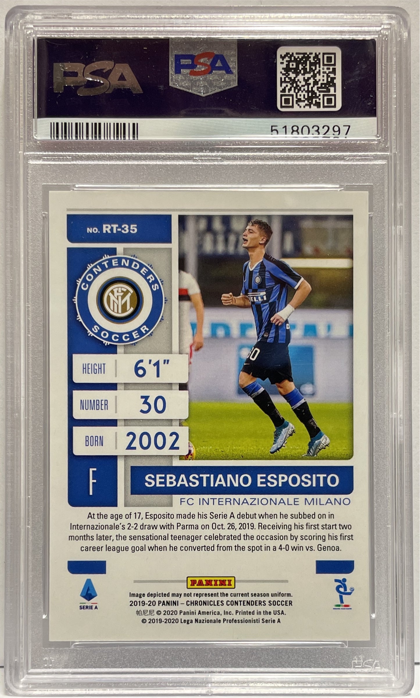 Sebastiano Esposito Rookie TIcket Red Panini Chronicles 2019/20 PSA 10