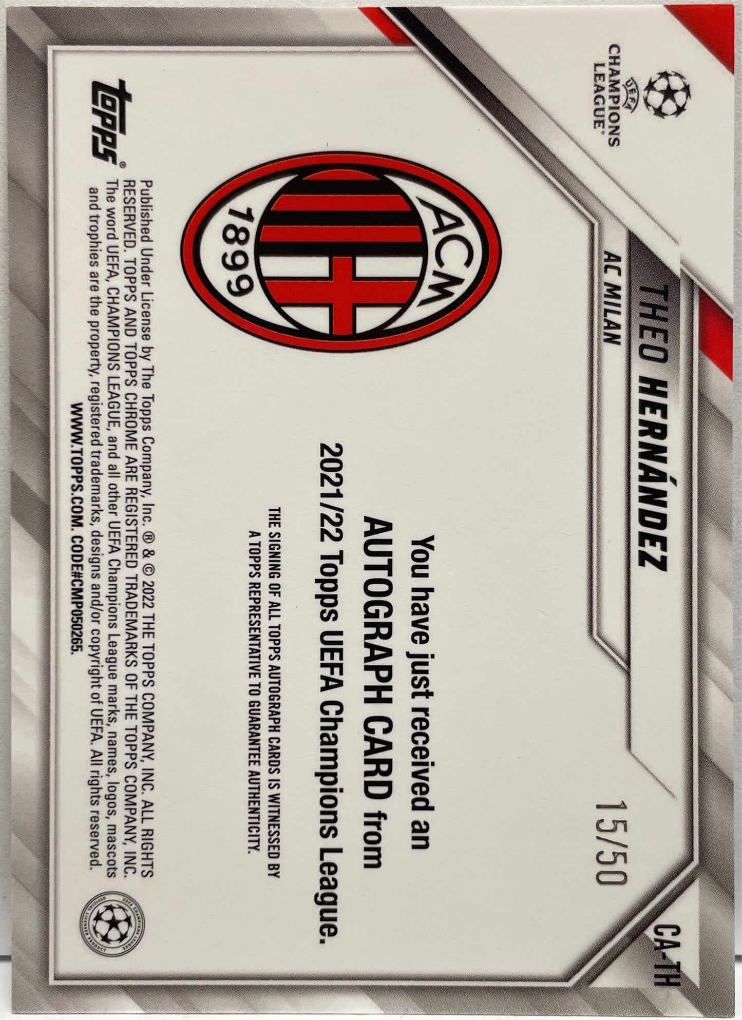 Theo Hernandez 15/50 Autograph Gold Merlin Chrome 2021/22