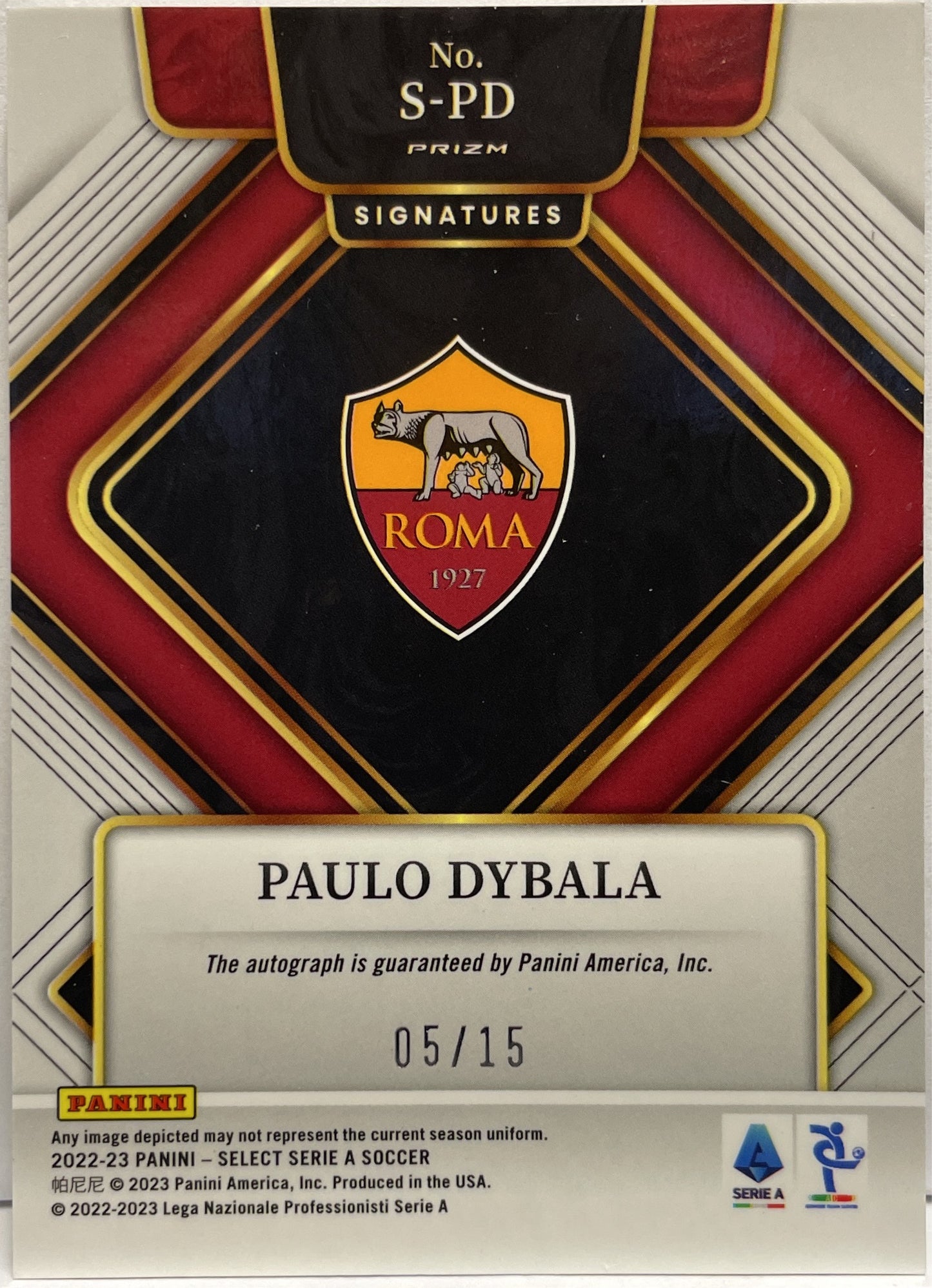 Paulo Dybala 5/15 Autograph Signature Panini Select Serie A 202/23