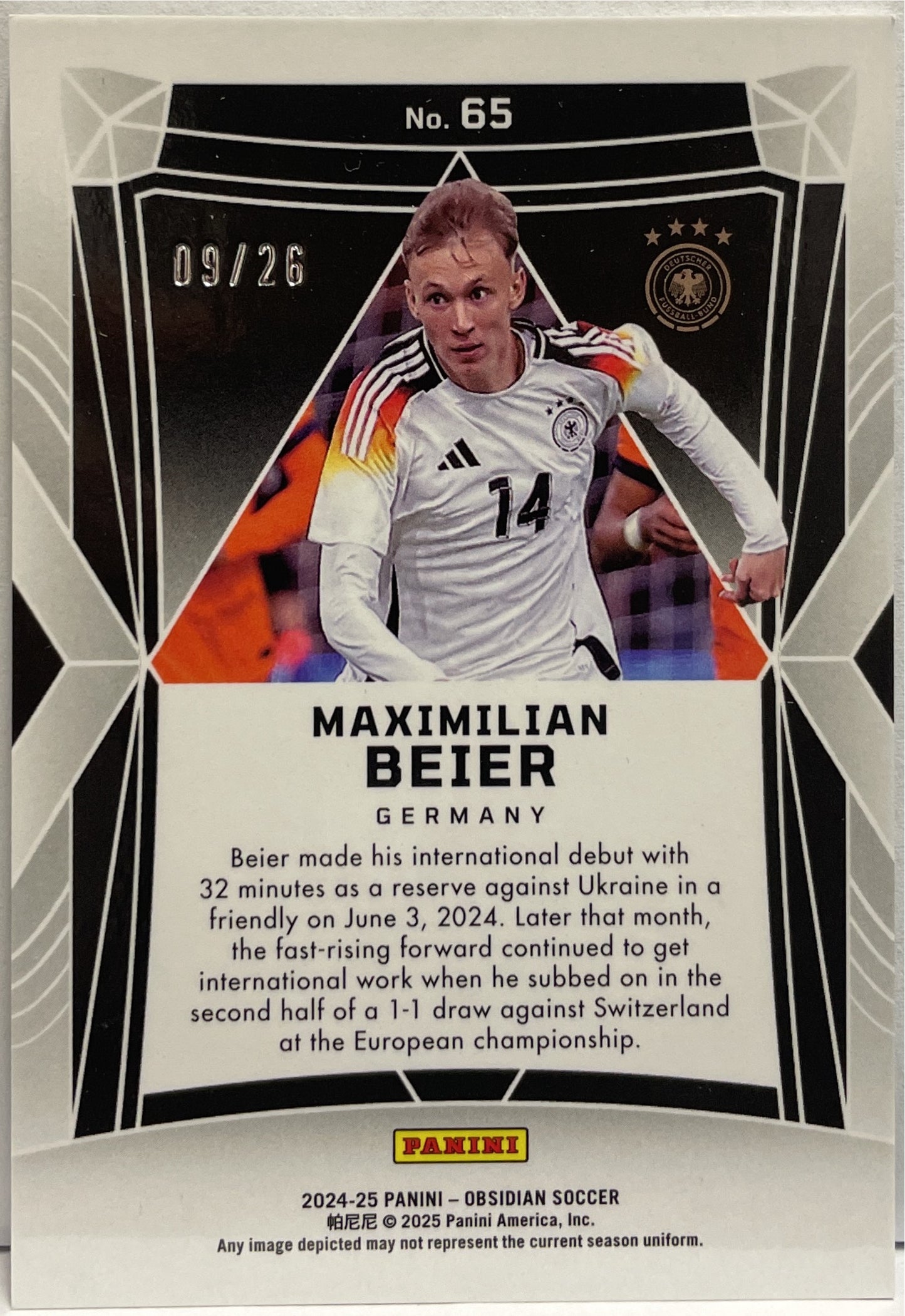 Maximilian Beier 9/26 Rookie Electric Etch Imperial Jade Panini Obsidian 2024/25