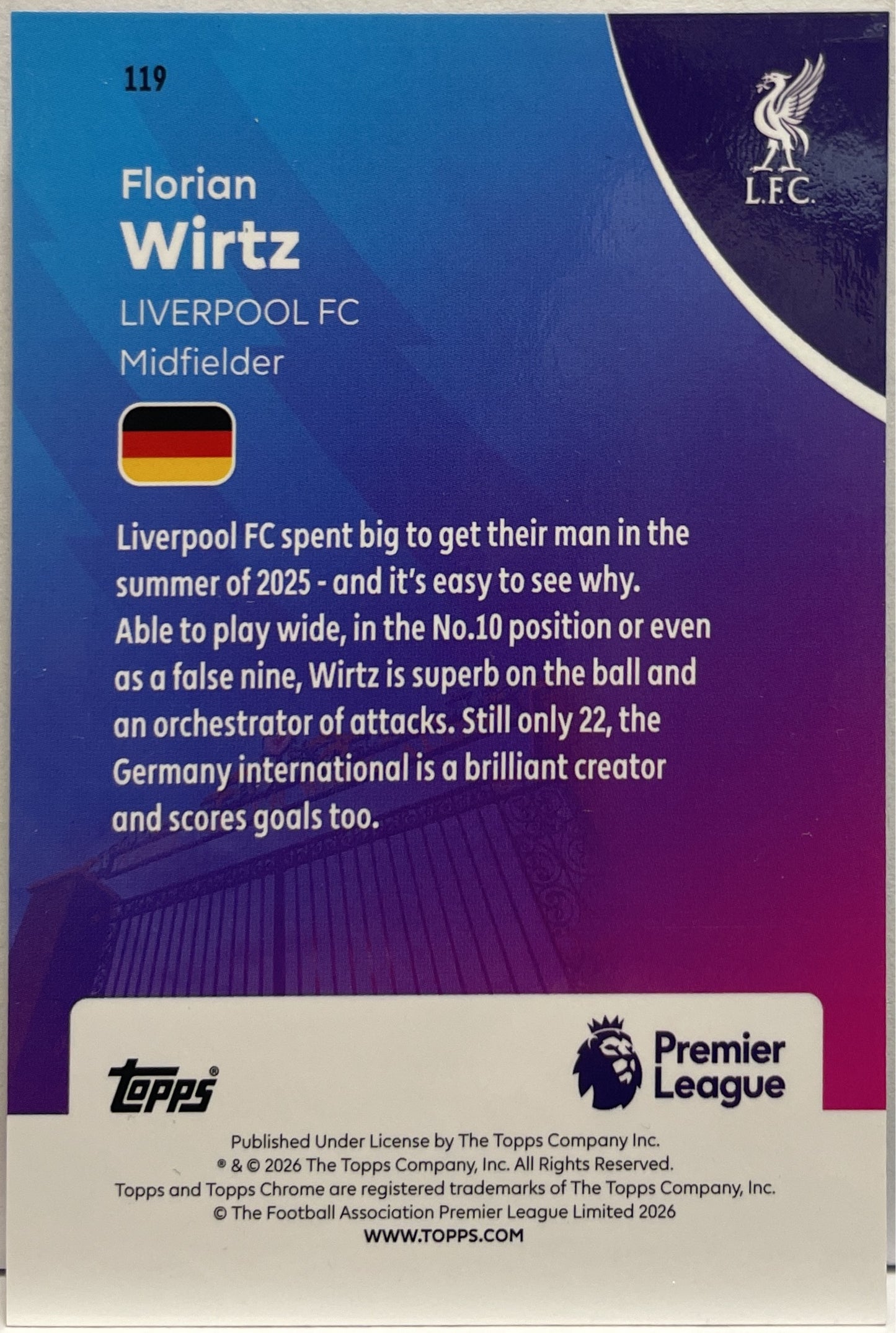 Florian Wirtz Cracked Ice Topps Chrome Sapphire EPL 2026