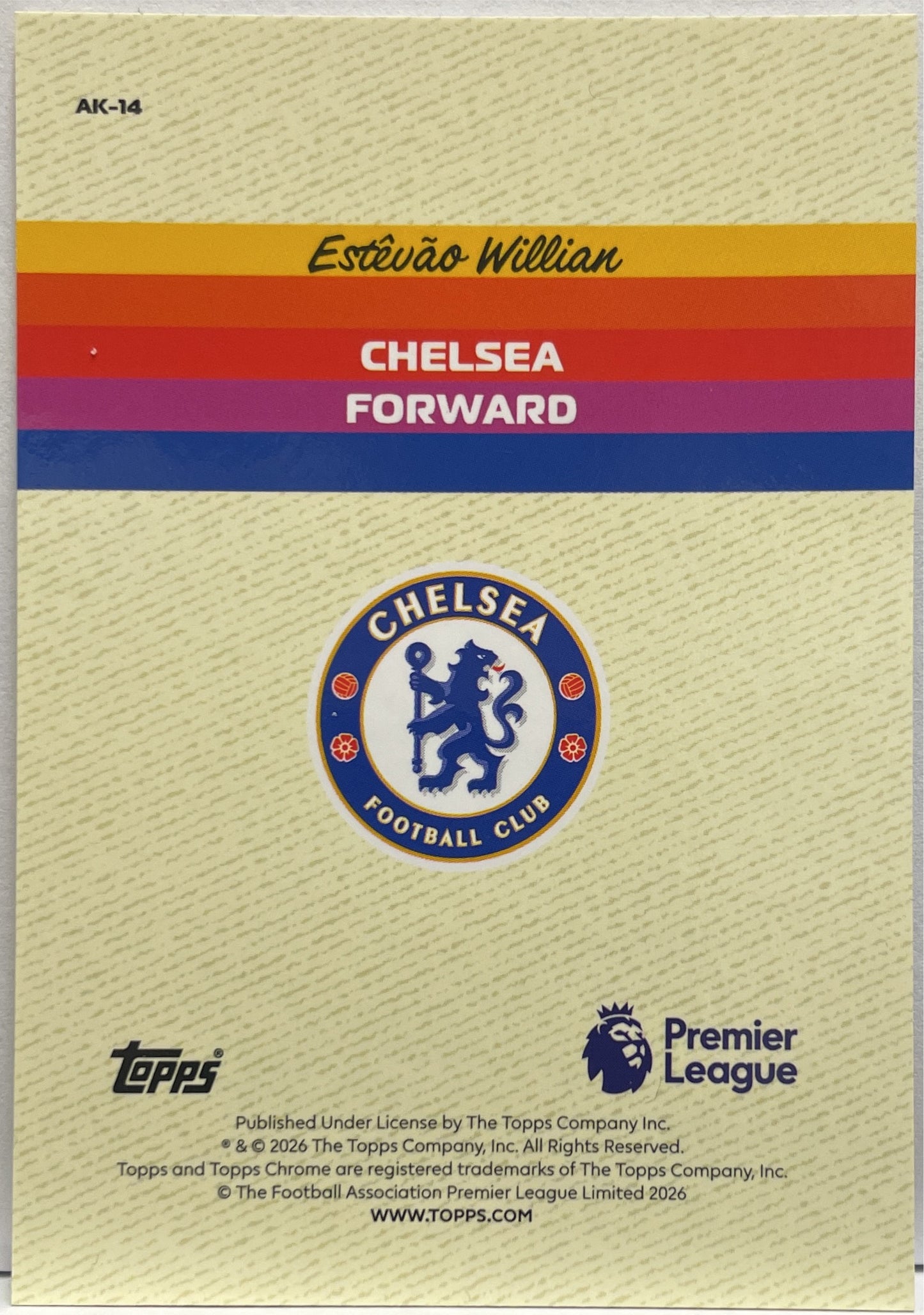 Estevao Willian Rookie Alive And Kicking Cracked Ice Topps Chrome Sapphire EPL 2026