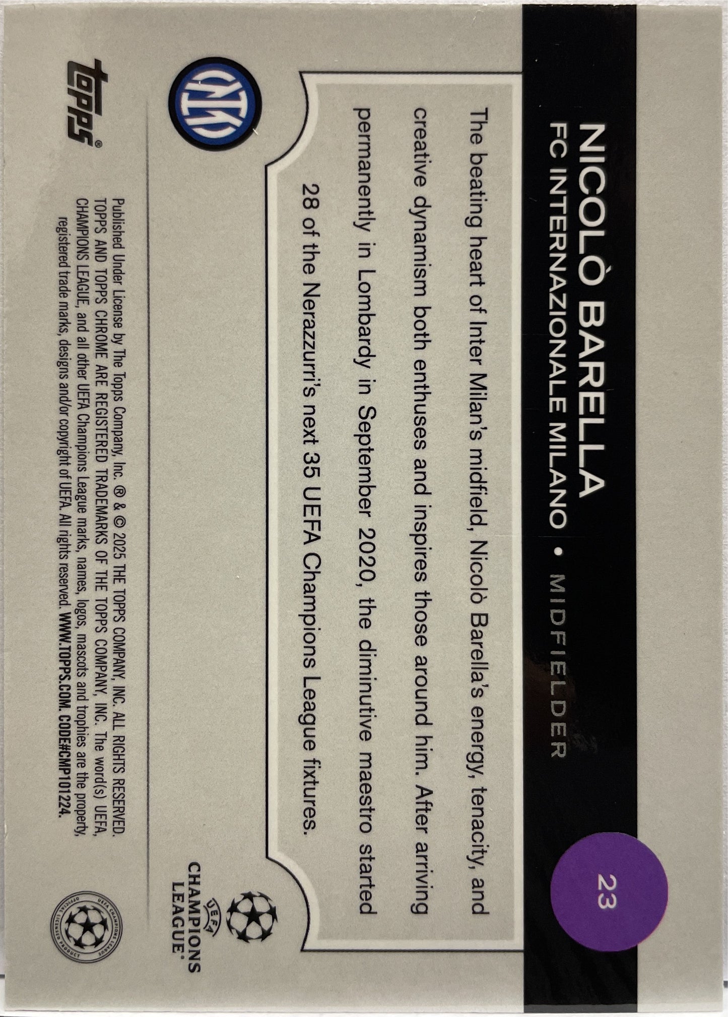 Nicolo Barella 6/150 Blue Topps Chrome UCC 2024/25